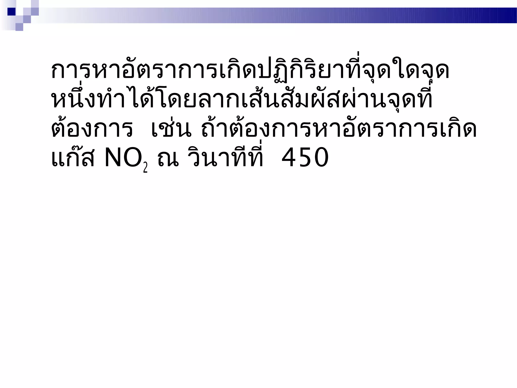 การหาอัตราการเกิดปฏิกิริยาทีจุดใดจุด
                             ่
หนึ่งทำาได้โดยลากเส้นสัมผัสผ่านจุดที่
ต้องการ เช่น ถ้าต้องการหาอัตราการเกิด
แก๊ส NO2 ณ วินาทีที่ 450
 