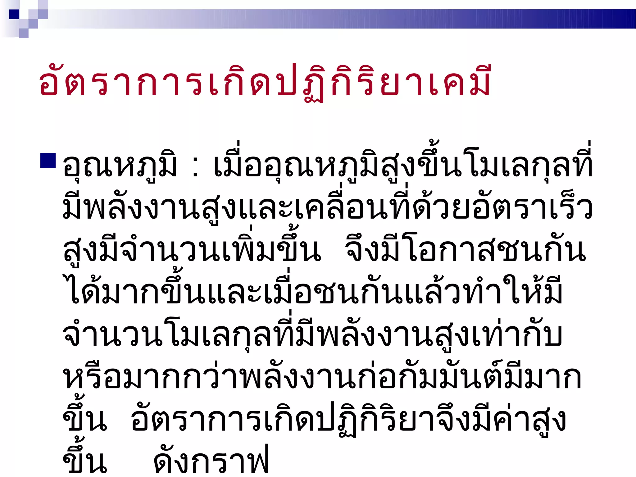 อัต ราการเกิด ปฏิก ิร ิย าเคมี
 อุณหภูมิ : เมื่ออุณหภูมิสงขึ้นโมเลกุลที่
                           ู
 มีพลังงานสูงและเคลือนที่ดวยอัตราเร็ว
                        ่    ้
 สูงมีจำานวนเพิ่มขึ้น จึงมีโอกาสชนกัน
 ได้มากขึ้นและเมือชนกันแล้วทำาให้มี
                    ่
 จำานวนโมเลกุลทีมีพลังงานสูงเท่ากับ
                      ่
 หรือมากกว่าพลังงานก่อกัมมันต์มมาก  ี
 ขึ้น อัตราการเกิดปฏิกิริยาจึงมีค่าสูง
 ขึ้น ดังกราฟ
 