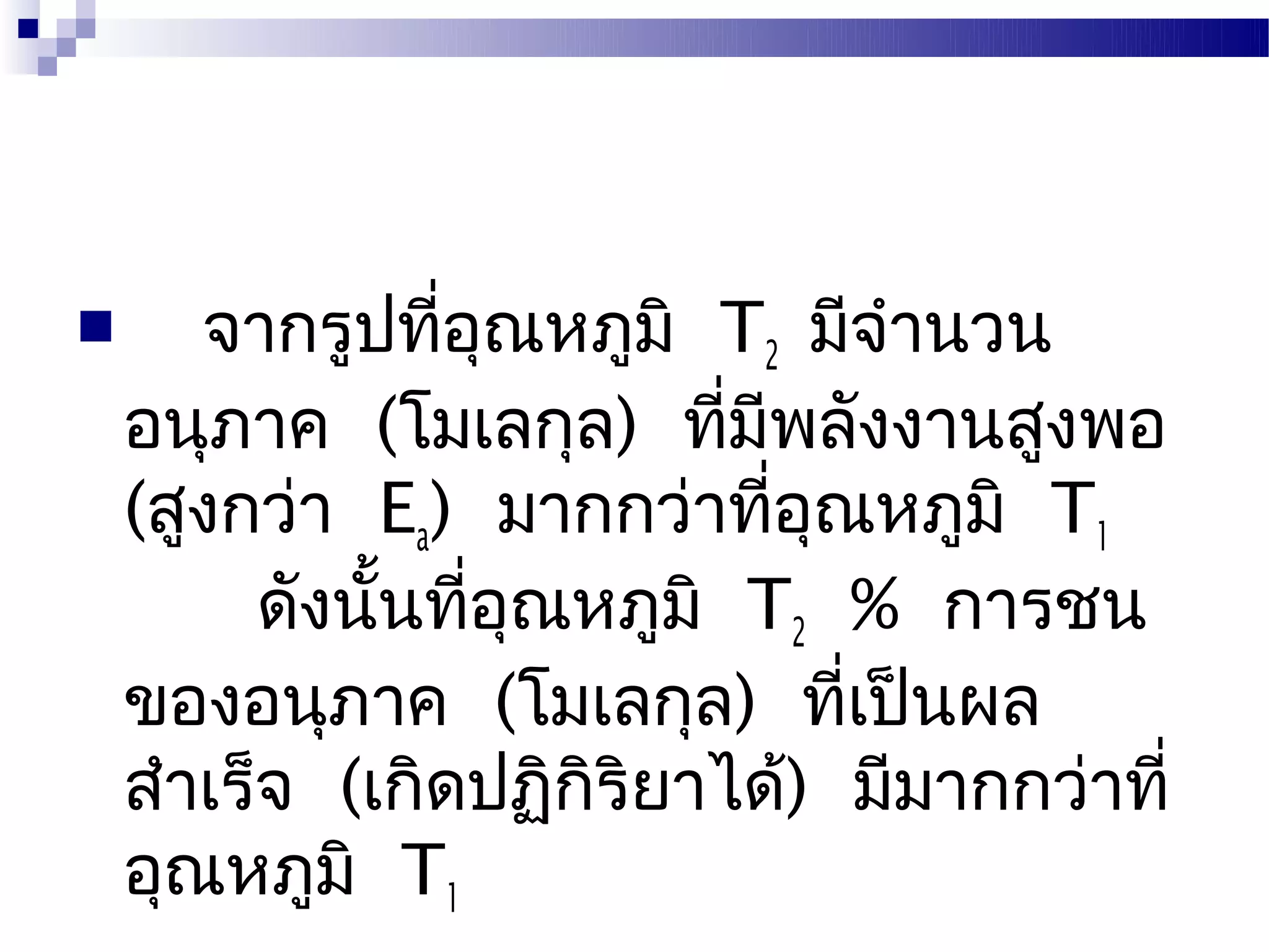       จากรูปทีอุณหภูมิ T2 มีจำานวน
                 ่
    อนุภาค (โมเลกุล) ทีมีพลังงานสูงพอ
                            ่
    (สูงกว่า Ea) มากกว่าทีอุณหภูมิ T1
                              ่
          ดังนั้นทีอุณหภูมิ T2 % การชน
                   ่
    ของอนุภาค (โมเลกุล) ทีเป็นผล่
    สำาเร็จ (เกิดปฏิกิริยาได้) มีมากกว่าที่
    อุณหภูมิ T1
 