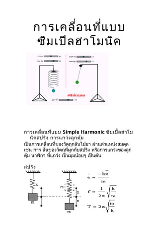 การเคลือ นทีแ บบ
             ่   ่
    ซิม เปิล ฮาโมนิค




การเคลื่อ นที่แ บบ Simple Harmonic ซิม เปิ้ล ฮาโม
    นิค สปริง การแกว่ง ลูก ตุ้ม
เป็นการเคลื่อนที่ของวัตถุกลับไปมา ผ่านตำาแหน่งสมดุล
เช่น การ สั่นของวัตถุที่ผูกกับสปริง หรือการแกว่งของลูก
ตุ้ม นาฬิกา ที่แกว่ง เป็นมุมน้อยๆ เป็นต้น

สปริง
 