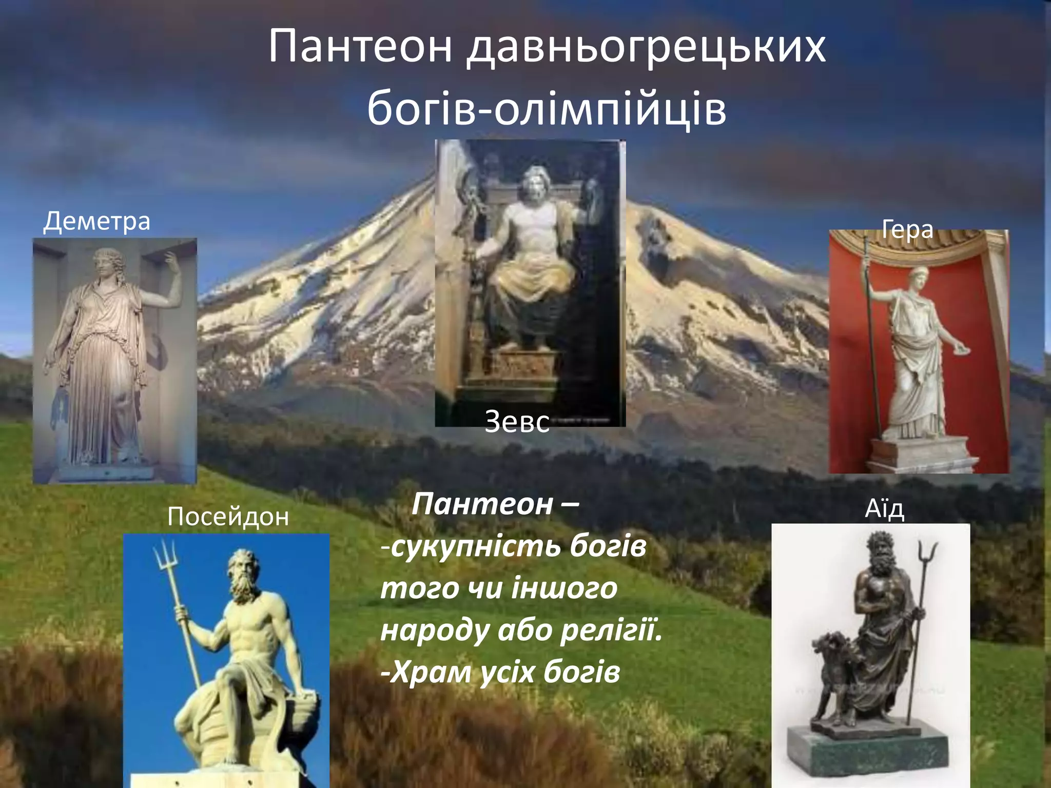 Пантеон давньогрецьких
                    богів-олімпійців

Деметра                                     Гера




                           Зевс

          Посейдон     Пантеон –           Аїд
                     -сукупність богів
                     того чи іншого
                     народу або релігії.
                     -Храм усіх богів
 