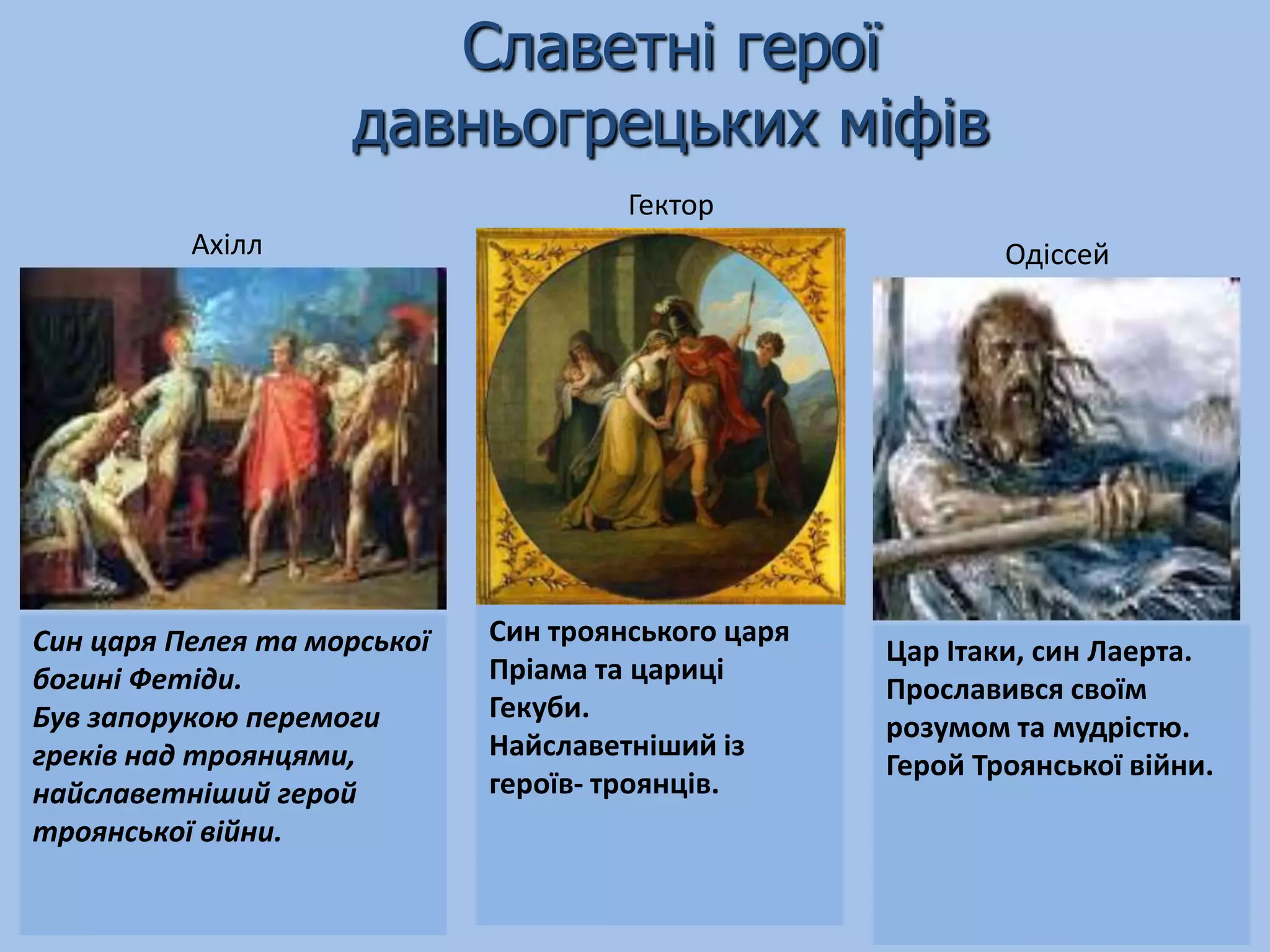 Славетні герої
                    давньогрецьких міфів
                                      Гектор
          Ахілл                                             Одіссей




Син царя Пелея та морської   Син троянського царя
                                                    Цар Ітаки, син Лаерта.
богині Фетіди.               Пріама та цариці
                                                    Прославився своїм
Був запорукою перемоги       Гекуби.
                                                    розумом та мудрістю.
греків над троянцями,        Найславетніший із
                                                    Герой Троянської війни.
найславетніший герой         героїв- троянців.
троянської війни.
 