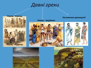 Давні греки
Народ - борець
                                        Засновники демократії
                    Народ - трудівник




Народ - мудрець
 