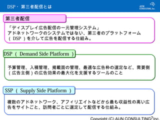 ネットワーク広告を取り巻く環境
 DSP ・第三者配信とは

第三者配信
 「ディスプレイ広告配信の一元管理システム」
 アドネットワークのシステムではない、第三者のプラットフォーム
 （ DSP ）を介して広告を配信する仕組み。


DSP （ Demand Side Platform ）

 予算管理、入稿管理、掲載面の管理、最適な広告枠の選定など、需要側
 （広告主側）の広告効果の最大化を支援するツールのこと



SSP （ Supply Side Platform ）

 複数のアドネットワーク、アフィリエイトなどから最も収益性の高い広
 告をサイトごと、訪問者ごとに選定して配信する仕組み。

                                    7
 