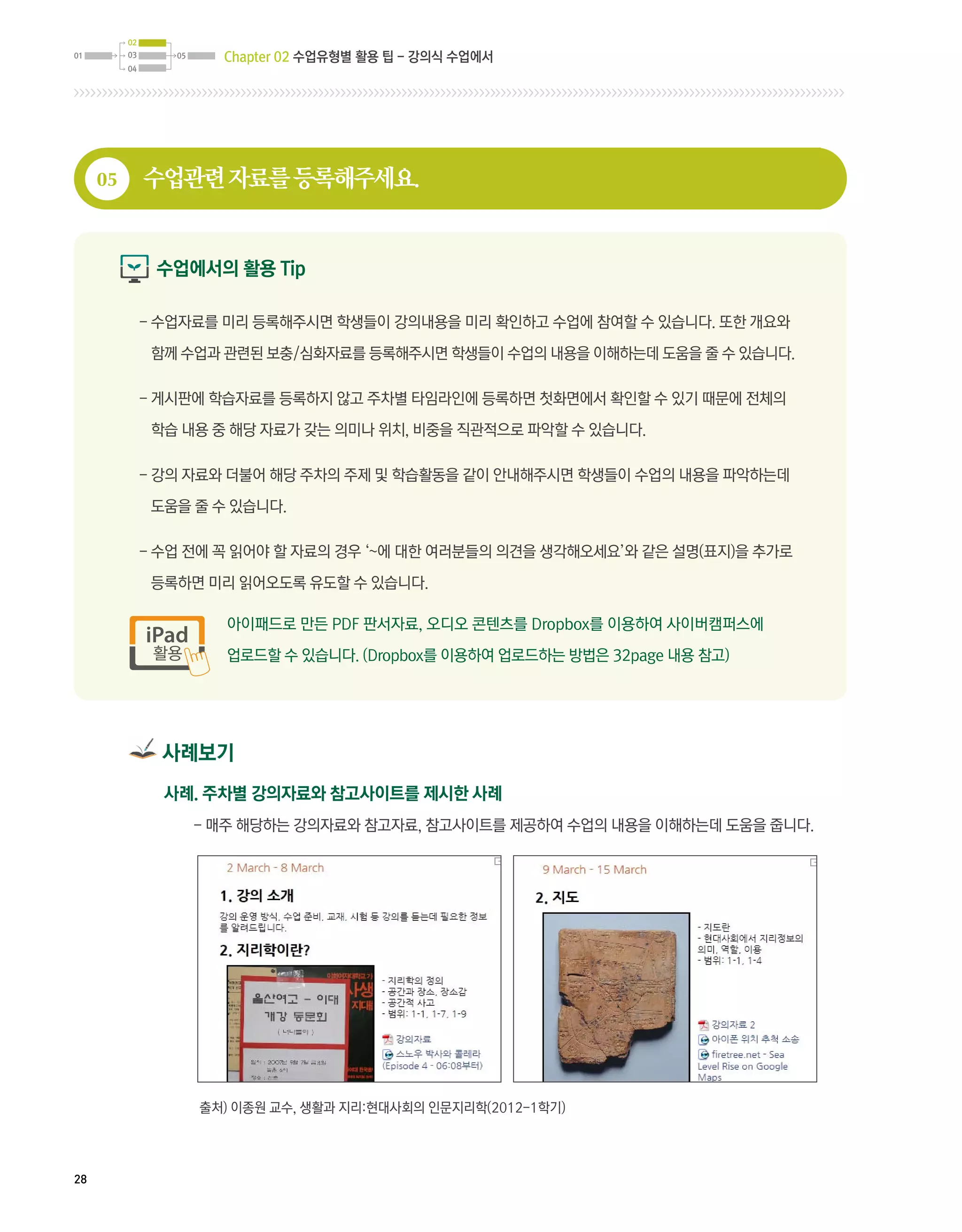 02
01        03      05     Chapter 02 수업유형별 활용 팁 - 강의식 수업에서
          04




     05        수업관련 자료를 등록해주세요.


                수업에서의 활용 Tip

               -  업자료를 미리 등록해주시면 학생들이 강의내용을 미리 확인하고 수업에 참여할 수 있습니다. 또한 개요와
                 수

                함께 수업과 관련된 보충/심화자료를 등록해주시면 학생들이 수업의 내용을 이해하는데 도움을 줄 수 있습니다.

               -  시판에 학습자료를 등록하지 않고 주차별 타임라인에 등록하면 첫화면에서 확인할 수 있기 때문에 전체의
                 게

                학습 내용 중 해당 자료가 갖는 의미나 위치, 비중을 직관적으로 파악할 수 있습니다.

               -  의 자료와 더불어 해당 주차의 주제 및 학습활동을 같이 안내해주시면 학생들이 수업의 내용을 파악하는데
                 강

                도움을 줄 수 있습니다.

               -  업 전에 꼭 읽어야 할 자료의 경우 ‘~에 대한 여러분들의 의견을 생각해오세요’와 같은 설명(표지)을 추가로
                 수

                등록하면 미리 읽어오도록 유도할 수 있습니다.

                          아이패드로 만든 PDF 판서자료, 오디오 콘텐츠를 Dropbox를 이용하여 사이버캠퍼스에

                          업로드할 수 있습니다. (Dropbox를 이용하여 업로드하는 방법은 32page 내용 참고)




                 사례보기
                 사례. 주차별 강의자료와 참고사이트를 제시한 사례
                       -  주 해당하는 강의자료와 참고자료, 참고사이트를 제공하여 수업의 내용을 이해하는데 도움을 줍니다.
                         매




                       출처) 이종원 교수, 생활과 지리:현대사회의 인문지리학(2012-1학기)




28
 