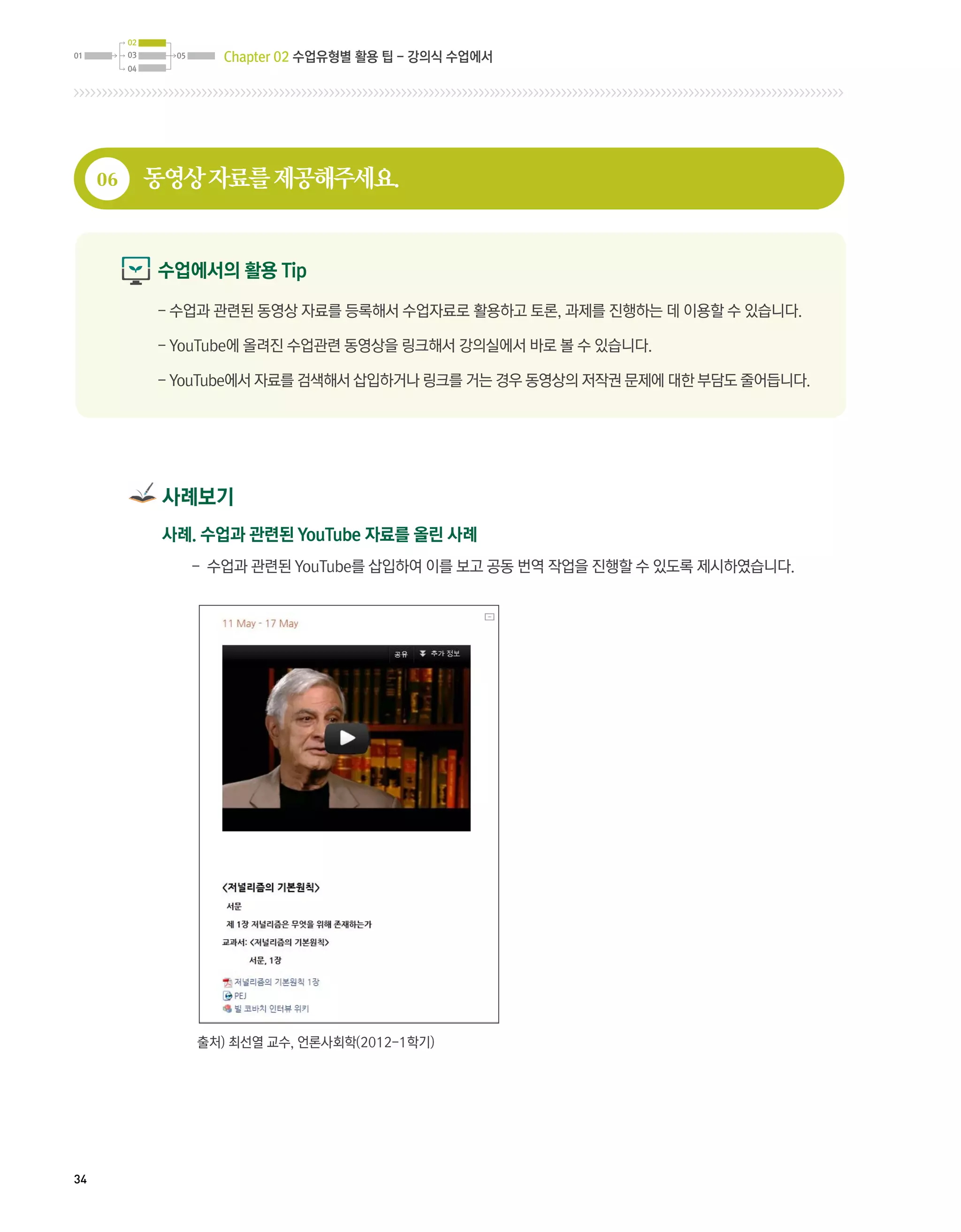02
01        03     05      Chapter 02 수업유형별 활용 팁 - 강의식 수업에서
          04




     06        동영상 자료를 제공해주세요.


               수업에서의 활용 Tip

               -  업과 관련된 동영상 자료를 등록해서 수업자료로 활용하고 토론, 과제를 진행하는 데 이용할 수 있습니다.
                 수

               -  ouTube에 올려진 수업관련 동영상을 링크해서 강의실에서 바로 볼 수 있습니다.
                 Y

               -  ouTube에서 자료를 검색해서 삽입하거나 링크를 거는 경우 동영상의 저작권 문제에 대한 부담도 줄어듭니다.
                 Y




                사례보기
                사례. 수업과 관련된 YouTube 자료를 올린 사례
                      - 수업과 관련된 YouTube를 삽입하여 이를 보고 공동 번역 작업을 진행할 수 있도록 제시하였습니다.




                      출처) 최선열 교수, 언론사회학(2012-1학기)




34
 