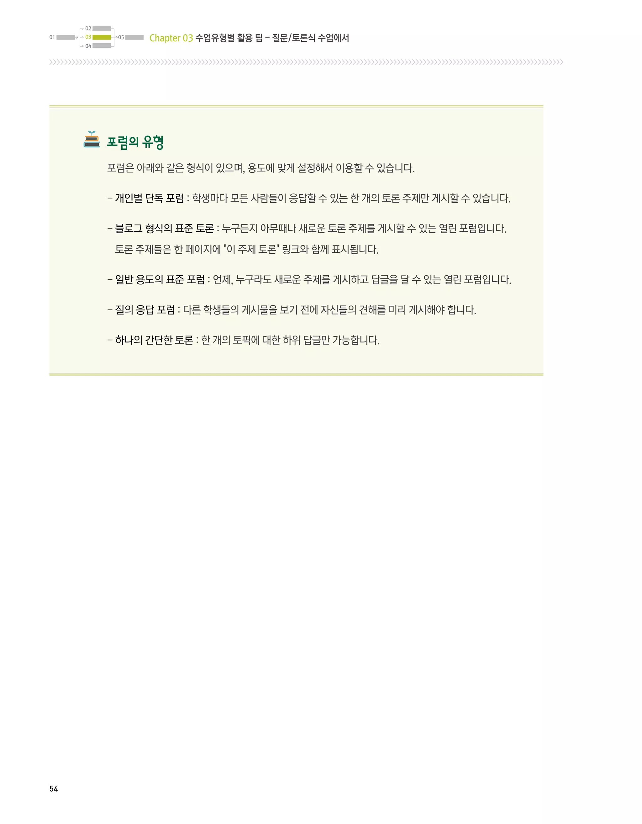 Chapter 03 수업유형별 활용 팁 - 질문/토론식 수업에서




     포럼의 유형
     포럼은 아래와 같은 형식이 있으며, 용도에 맞게 설정해서 이용할 수 있습니다.

     - 개인별 단독 포럼 : 학생마다 모든 사람들이 응답할 수 있는 한 개의 토론 주제만 게시할 수 있습니다.

     -  로그 형식의 표준 토론 : 누구든지 아무때나 새로운 토론 주제를 게시할 수 있는 열린 포럼입니다.
       블

      토론 주제들은 한 페이지에 이 주제 토론 링크와 함께 표시됩니다.

     - 일반 용도의 표준 포럼 : 언제, 누구라도 새로운 주제를 게시하고 답글을 달 수 있는 열린 포럼입니다.

     - 질의 응답 포럼 : 다른 학생들의 게시물을 보기 전에 자신들의 견해를 미리 게시해야 합니다.

     - 하나의 간단한 토론 : 한 개의 토픽에 대한 하위 답글만 가능합니다.




54
 
