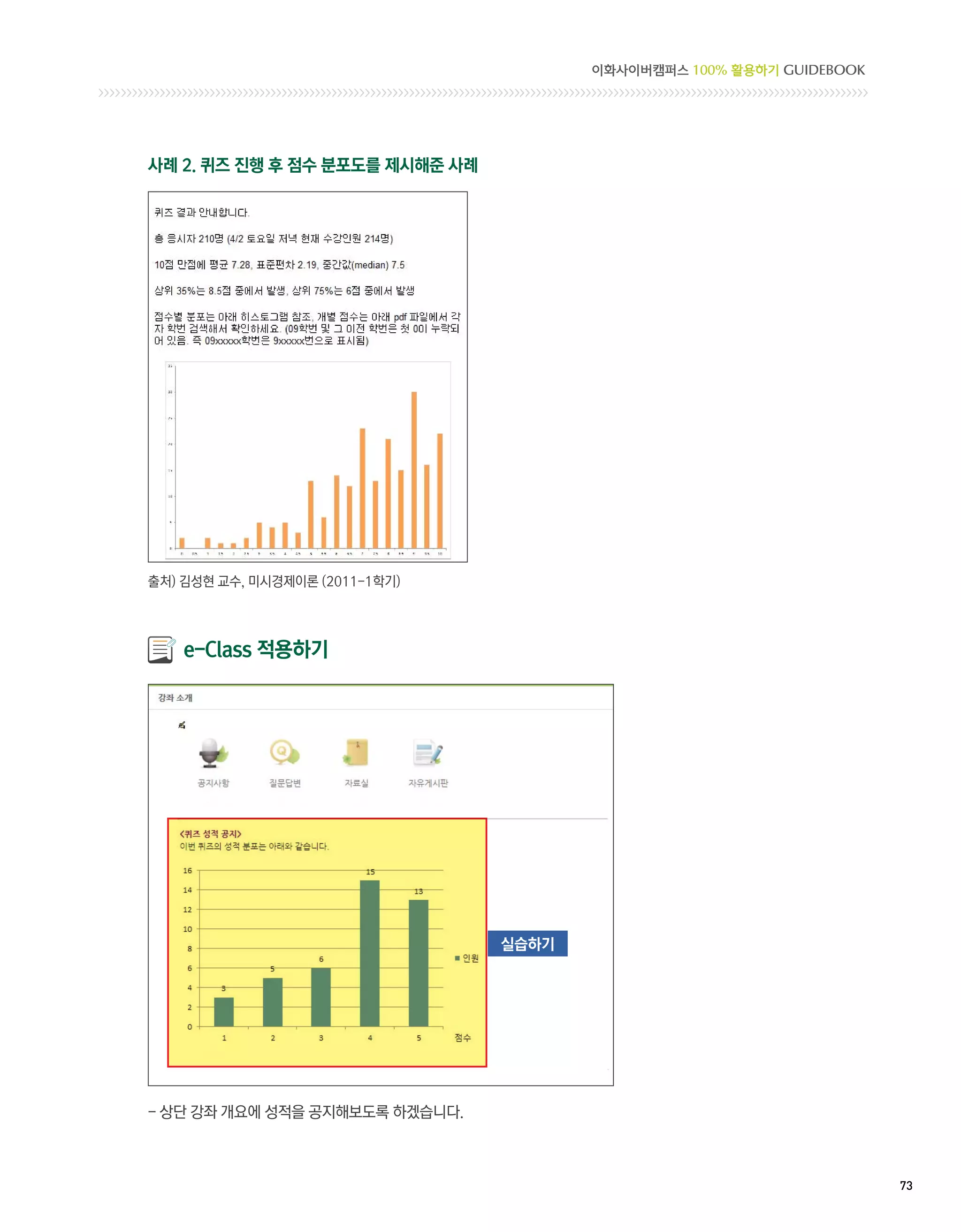 이화사이버캠퍼스 100% 활용하기 GUIDEBOOK




사례 2. 퀴즈 진행 후 점수 분포도를 제시해준 사례




출처) 김성현 교수, 미시경제이론 (2011-1학기)




    e-Class 적용하기




                                실습하기




- 상단 강좌 개요에 성적을 공지해보도록 하겠습니다.



                                                                      73 
 