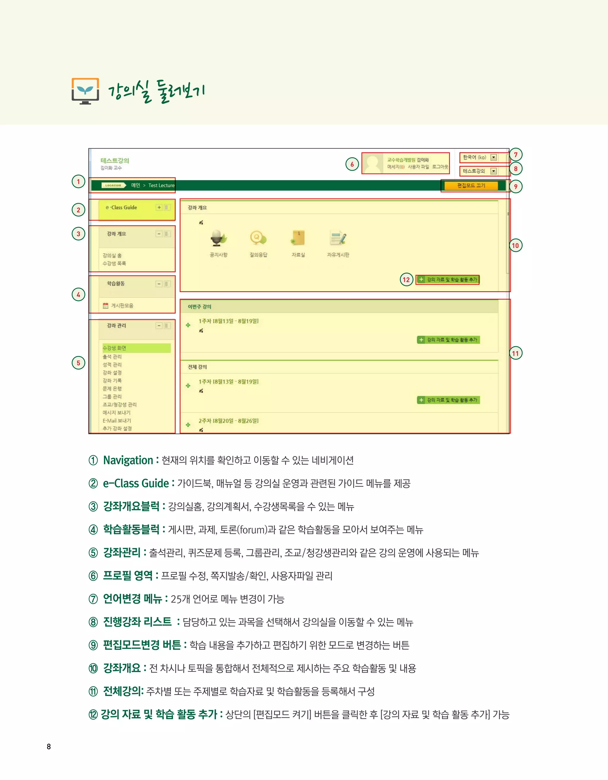 7
                                                  6
                                                                             8
    1
                                                                             9


    2


    3
                                                                             10




                                                          12

    4




                                                                             11
    5




        ① Navigation : 현재의 위치를 확인하고 이동할 수 있는 네비게이션

        ② e-Class Guide : 가이드북, 매뉴얼 등 강의실 운영과 관련된 가이드 메뉴를 제공

        ③ 강좌개요블럭 : 강의실홈, 강의계획서, 수강생목록을 수 있는 메뉴

        ④ 학습활동블럭 : 게시판, 과제, 토론(forum)과 같은 학습활동을 모아서 보여주는 메뉴

        ⑤ 강좌관리 : 출석관리, 퀴즈문제 등록, 그룹관리, 조교/청강생관리와 같은 강의 운영에 사용되는 메뉴

        ⑥ 프로필 영역 : 프로필 수정, 쪽지발송/확인, 사용자파일 관리

        ⑦ 언어변경 메뉴 : 25개 언어로 메뉴 변경이 가능

        ⑧ 진행강좌 리스트 : 담당하고 있는 과목을 선택해서 강의실을 이동할 수 있는 메뉴

        ⑨ 편집모드변경 버튼 : 학습 내용을 추가하고 편집하기 위한 모드로 변경하는 버튼

        ⑩ 강좌개요 : 전 차시나 토픽을 통합해서 전체적으로 제시하는 주요 학습활동 및 내용

        ⑪ 전체강의: 주차별 또는 주제별로 학습자료 및 학습활동을 등록해서 구성

        ⑫ 강의 자료 및 학습 활동 추가 : 상단의 [편집모드 켜기] 버튼을 클릭한 후 [강의 자료 및 학습 활동 추가] 가능

8
 