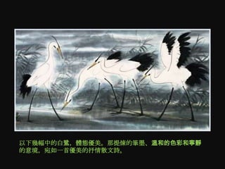 以下幾幅中的白鷺，體態優美。那提煉的筆墨、溫和的色彩和寧靜
的意境，宛如一首優美的抒情散文詩。
 