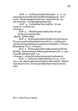 59


          ขั้น ที่ ๑. นักเรียนแบ่งกลุ่มออกเป็นกลุ่มละ ๔ – ๕ คน
แต่ละกลุ่มประกอบไปด้วยนักเรียนที่มีระดับภูมิปัญญาสูง กลาง
และตำ่า ให้แต่ละกลุ่มเลือกหัวหน้ากลุ่ม รองหัวหน้ากลุ่ม และ
เลขานุการกลุ่ม ควรใช้กลุ่มเดิมตลอดบทเรียน
          ขั้น ที่ ๒ นักเรียนศึกษาใบความรู้เรื่อง “ คำาบุรุษ
สรรพนาม” จากใบความรู้
( ท้ายแผน )
         ขั้น ที่ ๓. ให้นักเรียนแต่ละกลุ่มช่วยกันหาคำาบุรุษ
       สรรพนามจากบทเรียนเรื่อง
 เพื่อนกัน ให้ได้มากที่สุด
         ขั้น ที่ ๔ นักเรียนแต่ละกลุ่มช่วยกันพิจารณาคำาสรรพนาม
ทีหามาจากบทเรียนทั้งหมดในกิจกรรม ขั้น ที่ ๓ จากนั้นแยกคำา
  ่
เหล่านั้นลงในช่องชนิดของคำาบุรุษสรรพนามให้ถูกต้อง ทำาในแบบ
ฝึกเสริมทักษะ ที่ ๕.๑ ( ท้ายแผน )
         ขั้น ที่ ๕ นักเรียนแต่ละกลุ่มช่วยเขียนบทสนทนาเกี่ยวกับ
สัตว์เลี้ยง โดยในบทสนทนาให้มีคำาบุรุษสรรพนามครบทั้ง ๓ บุรุษ
ในแบบฝึกเสริมทักษะชุดที่ ๕.๒
( ท้ายแผน ) เสร็จแล้วนำาส่งครูตรวจสอบและประเมินผลงาน
         ขั้น ที่ ๖. นักเรียนทำาแบบฝึกเสริมทักษะ ที่ ๕.๒ ( ท้าย
แผน ) ชุด เติมคำาบุรุษสรรพนามในช่องว่างที่กำาหนดให้ เสร็จแล้ว
ครูเฉลยบนกระดาน นักเรียนแลกเปลี่ยนกันตรวจผลงานตามครู
เฉลย




สื่อ / แหล่ง เรีย นรู้ / บุค คล
 