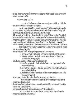 9


อะไร โดยพยายามตั้งคำาถามจากชื่อบทหรือหัวข้อที่อ่านแล้วหาคำา
ตอบจากบทอ่านนั้น
     วิธ ีก ารอ่า นในใจ
             การอ่านในใจอาจแบ่งตามความมุ่งหมายได้ ๒ วิธี คือ
อ่านอย่างเร็วและอ่านอย่างละเอียด
          ๑ อ่า นอย่า งเร็ว การอ่านอย่างเร็วเป็นการอ่านผ่านๆไป
อย่างรวบรัด อาจข้ามตอนใดตอนหนึ่งหรือใจความส่วนใหญ่ใช้
ในกรณีที่เรื่องนั้นๆคุ้นและเป็นที่น่าสนใจ หรือ
รู้สึกสนุกสำาหรับผู้อ่าน ถึงแม้จะมีคำาบางคำาที่เป็นคำาแปลกใหม่ไม่รู้
จักมาก่อนก็อาจข้ามไปได้ บางทีผู้อ่านไม่ได้สังเกตเห็นด้วยซำ้าไป
การอ่านอย่างเร็วใช้ในการอ่านข้อความประเภทนวนิยาย เรื่องสั้น
บทความ ชื่อเฉพาะที่คุ้นเคย เช่นชื่อห้าร้าน ชื่อสินค้า พาดหัว
หนังสือพิมพ์ การค้นหาคำา หรือข้อความอย่างใดอย่างหนึ่ง เป็นต้น
         โดยทั่วไปการอ่านอย่างเร็วอาจทำาได้อย่างใดอย่างหนึ่งหรือ
หลายๆอย่างพร้อมกัน
ตามหัวข้อต่อไปนี้ ขึ้นอยู่กับจุดประสงค์ในการอ่าน
          1 อ่านเฉพาะหัวข้อเรื่อง หัวข้อเรื่องมักพิมพ์ด้วยตัวหนา
          2 พิจารณาใจความสำาคัญของแต่ละย่อหน้า ใจความ
             สำาคัญมักปรากฏอยู่ใน
ประโยคตอนต้น หรือตอนท้ายของย่อหน้า
          3. หาชื่อ สถานที่ วันที่ คำาจำากัดความ กฎเกณฑ์ หรือ
             ข้อคิดที่สำาคัญ
          4. อ่านอักษรตัวหนา ตัวเอน และเครื่องหมายอื่นๆที่แสดง
             ความคิดที่สำาคัญ
          5. พิจารณาโครงเรื่องหรือองค์ประกอบของข้อความ เพื่อ
             หาใจความสรุป
ระหว่างความคิดเห็น ข้อเท็จจริง และกฎเกณฑ์ต่างๆ
            การอ่านอย่างเร็วมีความจำาเป็นที่จะต้องใช้ควบคู่ไปกับ
การอ่านอย่างละเอียด
คือก่อนลงมืออ่านข้อความอย่างละเอียดควรได้อ่านอย่างเร็วมาล่วง
หน้าแล้ว และเมื่ออ่าน
อย่างละเอียดแล้วก็กลับมาอ่านอย่างเร็วอีกครั้งหนึ่ง
          ๒ การอ่า นอย่า งละเอีย ด การอ่านอย่างละเอียดคือ
การอ่านอย่างพินิจพิเคราะห์
 