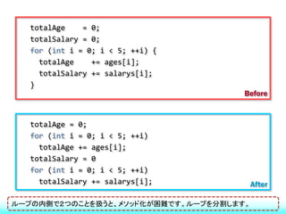 totalAge    = 0;
  totalSalary = 0;
  for (int i = 0; i < 5; ++i) {
    totalAge    += ages[i];
    totalSalary += salarys[i];
  }
                                     Before


  totalAge = 0;
  for (int i = 0; i < 5; ++i)
    totalAge += ages[i];
  totalSalary = 0
  for (int i = 0; i < 5; ++i)
    totalSalary += salarys[i];           After

ループの内側で２つのことを扱うと、メソッド化が困難です。ループを分割します。
 
