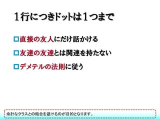 １行につきドットは１つまで

 直接の友人にだけ話かける
 友達の友達とは関連を持たない
 デメテルの法則に従う




余計なクラスとの結合を避けるのが目的となります。
 