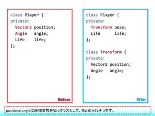 class Player {                 class Player {
 private:                       private:
   Vector2 position;              Transform pose;
   Angle   angle;                 Life      life;
   Life    life;                };
 };
                                class Transform {
                                private:
                                   Vector2 position;
                                   Angle   angle;
                                };




                       Before                          After

positionとangleは座標変換を扱うクラスとして、まとめられそうです。
 