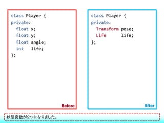 class Player {            class Player {
 private:                  private:
   float x;                  Transform pose;
   float y;                  Life      life;
   float angle;            };
   int    life;
 };




                  Before                       After

状態変数が２つになりました。
 