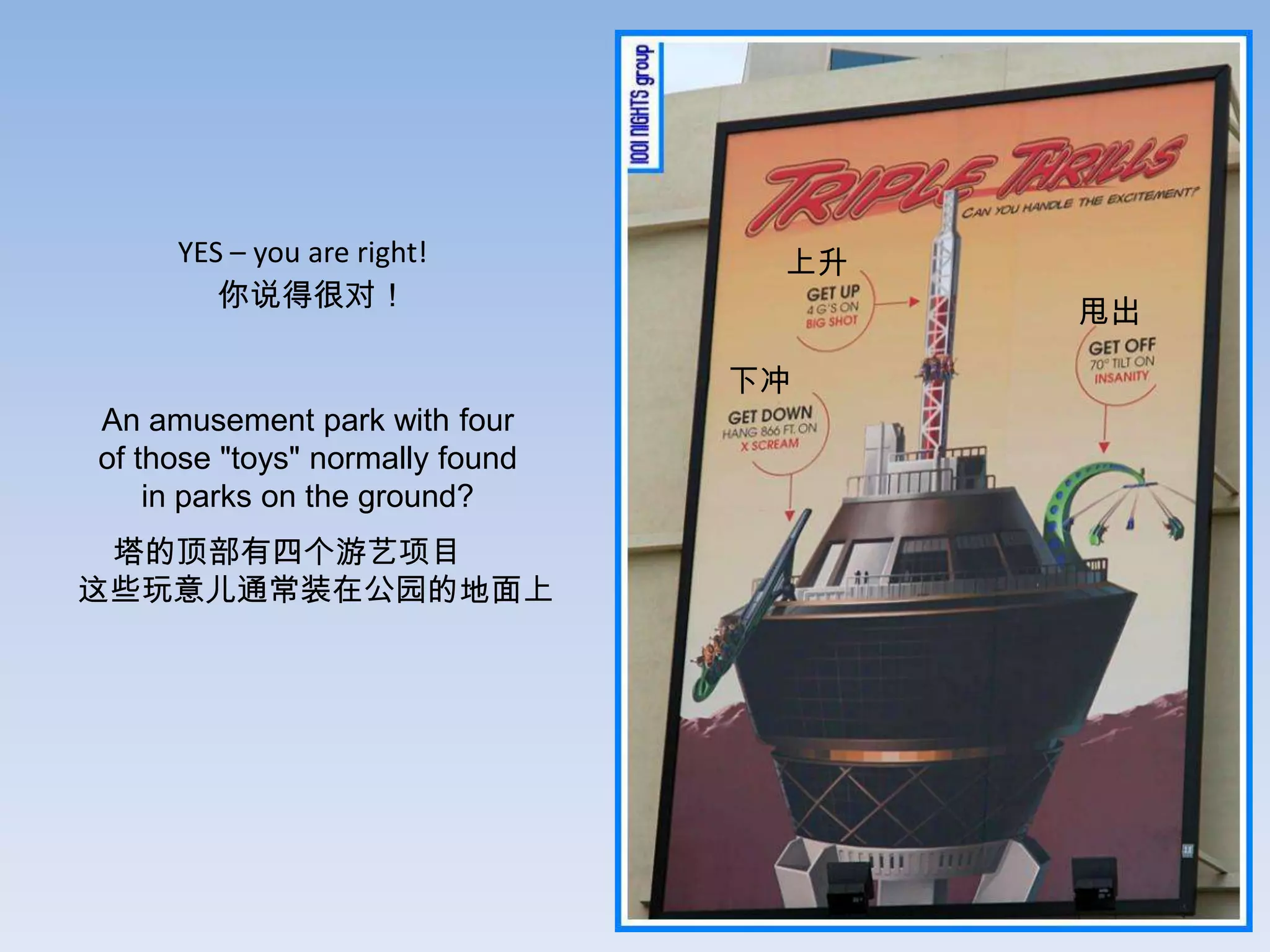 YES – you are right!         上升
        你说得很对！
                                       甩出

                                 下冲
An amusement park with four
of those "toys" normally found
    in parks on the ground?
 塔的顶部有四个游艺项目
这些玩意儿通常装在公园的地面上
 