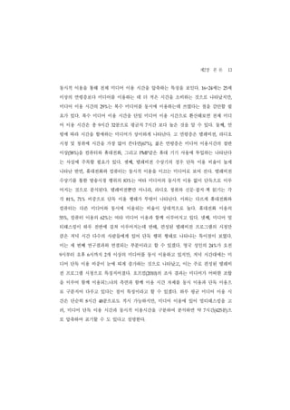 제2장 본 론 13
동시적 이용을 통해 전체 미디어 이용 시간을 압축하는 특징을 보인다.                   세는
                                                     16~24     세
                                                              25


이상의 연령층보다 미디어를 이용하는 데 더 적은 시간을 소비하는 것으로 나타났지만,
미디어 이용 시간의          29% 는 복수 미디어를 동시에 이용하는데 쓰였다는 점을 감안할 필
요가 있다. 복수 미디어 이용 시간을 단일 미디어 이용 시간으로 환산해보면 전체 미디
어 이용 시간은 총 9시간            32분으로 평균치 7시간 보다 높은 것을 알 수 있다. 둘째, 연
령에 따라 시간을 할애하는 미디어가 상이하게 나타난다. 고 연령층은 텔레비전, 라디오
시청 및 청취에 시간을 가장 많이 쓴다면(67%), 젊은 연령층은 미디어 이용시간의 절반
이상(58%)을 컴퓨터와 휴대전화, 그리고                같은 휴대 기기 사용에 투입하는 나타난다
                                     PMP


는 사실에 주목할 필요가 있다. 셋째, 텔레비전 수상기의 경우 단독 이용 비율이 높게
나타난 반면, 휴대전화와 컴퓨터는 동시적 이용을 이끄는 미디어로 보여 진다. 텔레비전
수상기를 통한 방송시청 행위의                 는 여타 미디어의 동시적 이용 없이 단독으로 이루
                               83%


어지는 것으로 분석된다. 텔레비전뿐만 아니라, 라디오 청취와 신문 잡지 책 읽기는 각   · ·
각   81%,   71%   비중으로 단독 이용 행태가 뚜렷이 나타난다. 이와는 다르게 휴대전화와
컴퓨터는 다른 미디어와 동시에 이용되는 비율이 상대적으로 높다. 휴대전화 이용의
55%,   컴퓨터 이용의      62%   는 여타 미디어 이용과 함께 이루어지고 있다. 넷째, 미디어 멀
티태스킹이 하루 전반에 걸쳐 이루어지는데 반해, 편성된 텔레비전 프로그램의 시청만
큼은 저녁 시간 다수의 사람들에게 있어 단독 행위 형태로 나타나는 특이점이 보였다.
이는 세 번째 연구결과와 연결되는 부분이라고 할 수 있겠다. 영국 성인의                24%  가 오전
시부터 오후 6시까지 2개 이상의 미디어를 동시 이용하고 있지만, 저녁 시간대에는 미
9


디어 단독 이용 비중이 눈에 띠게 증가하는 것으로 나타났고, 이는 주로 편성된 텔레비
전 프로그램 시청으로 특징지어졌다. 오프컴(2010)의 조사 결과는 미디어가 어떠한 조합
을 이루어 함께 이용되느냐의 측면과 함께 이용 시간 자체를 동시 이용과 단독 이용으
로 구분지어 다루고 있다는 점이 특징이라고 할 수 있겠다. 하루 평균 미디어 이용 시
간은 단순히 8시간         48분으로도 적시 가능하지만, 미디어 이용에 있어 멀티태스킹을 고
려, 미디어 단독 이용 시간과 동시적 이용시간을 구분하여 분석하면 약 7시간(425분)으
로 압축하여 표기할 수 도 있다고 설명한다.
 