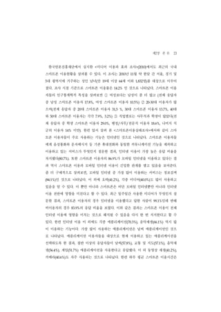 제2장 본 론 23
    한국언론진흥재단에서 실시한               미디어 이용과 효과 조사>(2010)에서도 최근의 국내
                                 <


스마트폰 이용현황을 살펴볼 수 있다. 이 조사는                         2010 년   11월 약 한달 간 서울, 경기 및
5대 광역시에 거주하는 성인 남녀(만                  19세 이상        세 이하
                                                   64                명)를 대상으로 이루어
                                                                 1,832


졌다. 조사 시점 기준으로 스마트폰 이용률은                       14.2%    인 것으로 나타났다. 스마트폰 이용
자들의 인구통계학적 특성을 살펴보면                 ① 여성보다는 남성이 좀 더 많고 전체 응답자                    (


중 남성 스마트폰 이용자           17.8%,   여성 스마트폰 이용자     ② 대 이용자가 많 10.5%)       20-30


으며(전체 응답자 중        20  대 스마트폰 이용자             31,5 %, 30  대 스마트폰 이용자                         대
                                                                                     13.7%, 40


와    대 스마트폰 이용자는 각각
    50                           7.9%, 3.2%)   ③ 직업별로는 사무직과 학생이 많았다 전                        (


체 응답자 중 학생 스마트폰 이용자                  29.0%,   행정/사무/전문직 이용자                 18.6%,    나머지 직
군의 이용자      14%   미만). 한편 앞서 살펴 본 <스마트폰이용실태조사>에서와 같이 스마
트폰 이용자들이 주로 사용하는 기능은 인터넷인 것으로 나타났다. 스마트폰 이용자들
에게 음성통화와 문자메시지 등 기존 휴대전화와 동일한 커뮤니케이션 기능을 제외하고
이용하고 있는 서비스가 무엇인지 질문한 결과, 인터넷 이용이 가장 높은 응답 비율을
차지했다(80.7%). 또한 스마트폰 이용자의                  86.9%가 모바일 인터넷을 이용하고 있다는 결
과 역시 스마트폰 이용과 모바일 인터넷 이용이 긴밀한 관계를 맺고 있음을 보여준다.
좀 더 구체적으로 살펴보면, 모바일 인터넷 중 가장 많이 이용하는 서비스는 정보검색
(84.1%)  인 것으로 나타났다. 이 외에 오락(41.2%), 각종 미디어(40.0%)도 많이 사용하고
있음을 알 수 있다. 이 뿐만 아니라 스마트폰은 비단 모바일 인터넷뿐만 아니라 인터넷
이용 전반에 영향을 미친다고 할 수 있다. 최근 일주일간 사용한 미디어가 무엇인지 질
문한 결과, 스마트폰 이용자의 경우 인터넷을 이용했다고 답한 사람이                                        99.1%    인데 반해
비이용자의 경우       83.9%의 응답 비율을 보였다. 이와 같은 결과는 스마트폰 이용이 전체
인터넷 이용에 영향을 미치는 것으로 해석될 수 있음을 다시 한 번 지지한다고 할 수
있다. 한편 인터넷 이용 이 외에도 각종 애플리케이션(70.3%), 음악재생(66.1%) 역시 많
이 이용하는 기능이다. 가장 많이 사용하는 애플리케이션은 날씨 애플리케이션인 것으
로 나타났다. 애플리케이션 이용자들을 대상으로 현재 이용하고 있는 애플리케이션을
선택하도록 한 결과, 절반 이상의 응답자들이 날씨(57.8%), 교통 및 지도(57.1%), 음악재
생(56.4%), 게임(51.7%) 애플리케이션을 사용한다고 응답했다. 이 외 동영상 재생(41.2%),
카메라(40.6%)도 자주 사용되는 것으로 나타났다. 한편 하루 평균 스마트폰 이용시간은
 