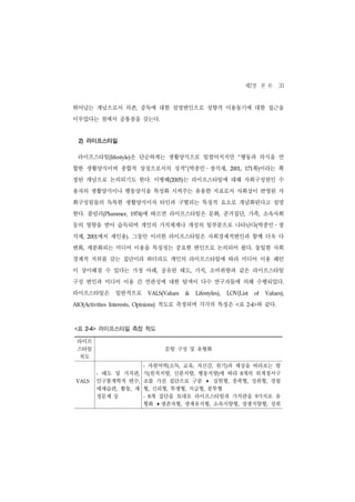 제2장 본 론 33
뛰어넘는 개념으로서 의존, 중독에 대한 설명변인으로 성향적 이용동기에 대한 접근을
이루었다는 점에서 공통점을 갖는다.


    2) 라이프스타일

    라이프스타일(lifestyle)은 단순하게는 생활양식으로 일컬어지지만 “행동과 의식을 연
합한 생활양식이며 종합적 상징으로서의 성격”(박종민 장석재,                         ․           2001,     쪽)이라는 확
                                                                              171


장된 개념으로 논의되기도 한다. 이병혜(2005)는 라이프스타일에 대해 사회구성원인 수
용자의 생활양식이나 행동양식을 특성화 시켜주는 유용한 지표로서 사회상이 반영된 사
회구성원들의 독특한 생활양식이자 타인과 구별되는 특징적 요소로 개념화된다고 설명
한다. 플럼러(Plummer,        1974)에 따르면 라이프스타일은 문화, 준거집단, 가족, 소속사회
등의 영향을 받아 습득되며 개인의 가치체계나 개성의 일부분으로 나타난다(박종민 장                                               ․
석재,   2001   에서 재인용). 그동안 이러한 라이프스타일은 사회경제적변인과 함께 더욱 다
변화, 세분화되는 미디어 이용을 특징짓는 중요한 변인으로 논의되어 왔다. 동일한 사회
경제적 지위를 갖는 집단이라 하더라도 개인의 라이프스타일에 따라 미디어 이용 패턴
이 상이해질 수 있다는 가정 아래, 공유된 태도, 가치, 소비취향과 같은 라이프스타일
구성 변인과 미디어 이용 간 연관성에 대한 탐색이 다수 연구자들에 의해 수행되었다.
라이프스타일은           일반적으로             VALS(Values   &   Lifestyles),   LOV(List       of   Values),


AIO(Activities Interests, Opinions)    척도로 측정되며 각각의 특징은 <표                    2-4>   와 같다.



< 표   2-4>   라이프스타일 측정 척도

 라이프
 스타일                                      문항 구성 및 유형화
  척도
                           자원여력(소득, 교육, 자신감, 원기)과 세상을 바라보는 방
                                -

             - 태도 및 가치관, 식(원칙지향, 신분지향, 행동지향)에 따라 8개의 위계질서구

 VALS        인구통계학적 변수, 조를 가진 집단으로 구분                     ▸
                                            실현형, 충족형, 성취형, 경험
             매체습관, 활동, 재 형, 신뢰형, 투쟁형, 지급형, 분투형
             정문제 등       - 8개 집단을 토대로 라이프스타일과 가치관을 9가지로 유

                                      ▸
                         형화 생존자형, 생계유지형, 소속지향형, 경쟁지향형, 성취
 