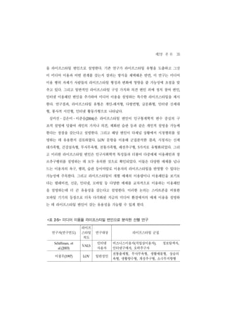 제2장 본 론 35
을 라이프스타일 변인으로 설명한다. 기존 연구가 라이프스타일 유형을 도출하고 그것
이 미디어 이용과 어떤 관계를 갖는지 살피는 방식을 채택해온 반면, 이 연구는 미디어
이용 행위 자체가 사람들의 라이프스타일 형성과 변화에 영향을 줄 가능성에 초점을 맞
추고 있다. 그리고 일반적인 라이프스타일 구성 가치와 의견 변인 외에 정치 참여 변인,
인터넷 이용패턴 변인을 추가하여 미디어 이용을 설명하는 특수한 라이프스타일을 제시
한다. 연구결과, 라이프스타일 유형은 개인-레저형, 다방면형, 글문화형, 인터넷 신세대
형, 봉사적 시민형, 인터넷 활동가형으로 나타났다.
        ․          ․
    심미선 김은미 이준웅(2004)은 라이프스타일 변인이 인구통계학적 변수 중심의 구
조적 설명에 덧붙여 개인의 가치나 의견, 체화된 습관 등과 같은 개인적 설명을 가능케
한다는 장점을 갖는다고 설명한다. 그리고 해당 변인이 다채널 상황에서 시청행위를 설
명하는 데 유용한지 검토하였다.             LOV   문항을 이용해 군집분석한 결과, 시청자는 신세
대가족형, 건강실속형, 무사무욕형, 전통가족형, 패션추구형, 5가지로 유형화되었다. 그리
고 이러한 라이프스타일 변인은 인구사회학적 특성들과 더불어 다중매체 이용패턴과 장
르추구행위를 설명하는 데 모두 유의한 것으로 확인되었다. 이들은 다양한 매체를 넘나
드는 이용자의 욕구, 행위, 습관 등이야말로 이용자의 라이프스타일을 반영할 수 있다는
가능성에 주목한다. 그리고 라이프스타일이 개별 매체의 이용량이나 이용패턴을 보기보
다는 텔레비전, 신문, 인터넷, 모바일 등 다양한 매체를 교차적으로 이용하는 이용패턴
을 설명하는데 더 큰 유용성을 갖는다고 설명한다. 이러한 논의는 스마트폰을 비롯한
모바일 기기의 등장으로 더욱 다각화된 지금의 미디어 환경에서의 매체 이용을 설명하
는 데 라이프스타일 변인이 갖는 유용성을 가늠할 수 있게 한다.



<표   2-5>   미디어 이용을 라이프스타일 변인으로 분석한 선행 연구

                       라이프
    연구자(연구연도)          스타일    연구대상           라이프스타일 군집
                        척도
     Schiffman, et            인터넷     비즈니스이용자(직업상이용자),   정보탐색자,
                       VALS
       al.(2003)              사용자     인터넷구매자, 오락추구자
                                      전통출세형, 무사무욕형, 생활매몰형, 상승의
     이철우(1997)         LOV    일반성인
                                      욕형, 생활향수형, 개성추구형, 소극무지향형
 
