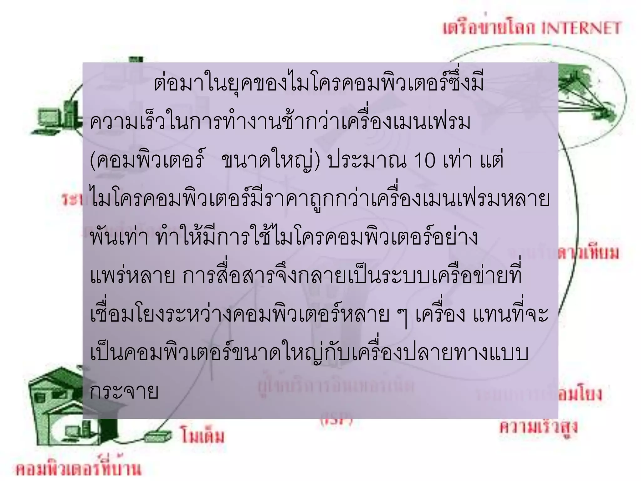 ต่อมาในยุคของไมโครคอมพิวเตอร์ซึ่งมี
ความเร็วในการทางานช้ากว่าเครื่องเมนเฟรม
(คอมพิวเตอร์ ขนาดใหญ่) ประมาณ 10 เท่า แต่
ไมโครคอมพิวเตอร์มีราคาถูกกว่าเครืองเมนเฟรมหลาย
                                 ่
พันเท่า ทาให้มีการใช้ไมโครคอมพิวเตอร์อย่าง
แพร่หลาย การสื่อสารจึงกลายเป็นระบบเครือข่ายที่
เชื่อมโยงระหว่างคอมพิวเตอร์หลาย ๆ เครือง แทนที่จะ
                                      ่
เป็นคอมพิวเตอร์ขนาดใหญ่กับเครื่องปลายทางแบบ
กระจาย
 
