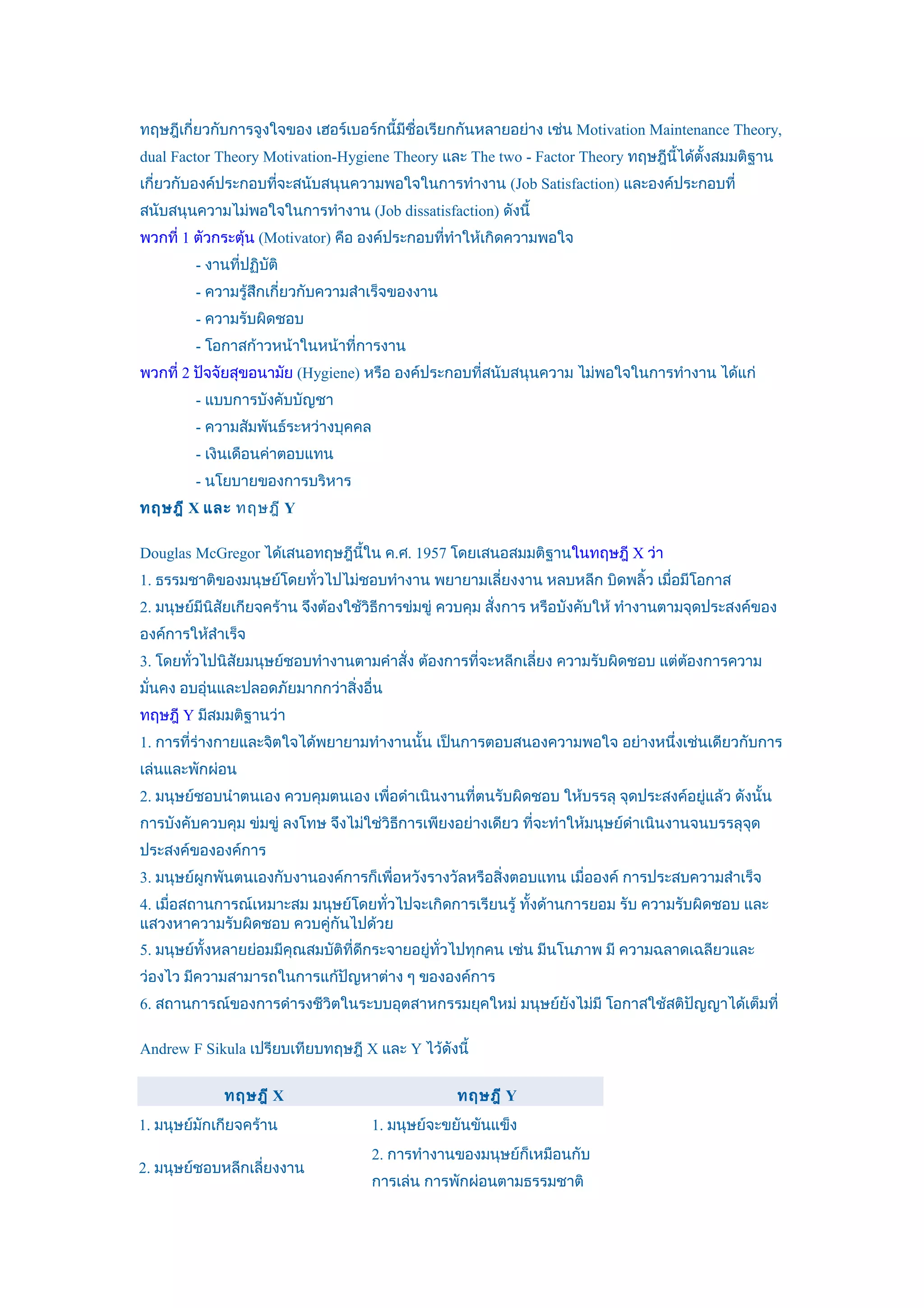 ทฤษฎีเกี่ยวกับการจูงใจของ เฮอร์เบอร์กนี้มีชื่อเรียกกันหลายอย่าง เช่น Motivation Maintenance Theory,
dual Factor Theory Motivation-Hygiene Theory และ The two - Factor Theory ทฤษฎีนได้ตั้งสมมติฐาน
                                                                               ี้
เกี่ยวกับองค์ประกอบทีจะสนับสนุนความพอใจในการทำางาน (Job Satisfaction) และองค์ประกอบที่
                     ่
สนับสนุนความไม่พอใจในการทำางาน (Job dissatisfaction) ดังนี้
พวกที่ 1 ตัวกระตุ้น (Motivator) คือ องค์ประกอบทีทำาให้เกิดความพอใจ
                                                ่
         - งานที่ปฏิบัติ
         - ความรู้สึกเกี่ยวกับความสำาเร็จของงาน
         - ความรับผิดชอบ
         - โอกาสก้าวหน้าในหน้าที่การงาน
พวกที่ 2 ปัจจัยสุขอนามัย (Hygiene) หรือ องค์ประกอบที่สนับสนุนความ ไม่พอใจในการทำางาน ได้แก่
         - แบบการบังคับบัญชา
         - ความสัมพันธ์ระหว่างบุคคล
         - เงินเดือนค่าตอบแทน
         - นโยบายของการบริหาร
ทฤษฎี X และ ทฤษฎี Y

Douglas McGregor ได้เสนอทฤษฎีนี้ใน ค.ศ. 1957 โดยเสนอสมมติฐานในทฤษฎี X ว่า
1. ธรรมชาติของมนุษย์โดยทั่วไปไม่ชอบทำางาน พยายามเลี่ยงงาน หลบหลีก บิดพลิ้ว เมื่อมีโอกาส
2. มนุษย์มีนิสัยเกียจคร้าน จึงต้องใช้วิธีการข่มขู่ ควบคุม สั่งการ หรือบังคับให้ ทำางานตามจุดประสงค์ของ
องค์การให้สำาเร็จ
3. โดยทั่วไปนิสัยมนุษย์ชอบทำางานตามคำาสั่ง ต้องการที่จะหลีกเลี่ยง ความรับผิดชอบ แต่ตองการความ
                                                                                    ้
มั่นคง อบอุ่นและปลอดภัยมากกว่าสิ่งอื่น
ทฤษฎี Y มีสมมติฐานว่า
1. การที่ร่างกายและจิตใจได้พยายามทำางานนั้น เป็นการตอบสนองความพอใจ อย่างหนึ่งเช่นเดียวกับการ
เล่นและพักผ่อน
2. มนุษย์ชอบนำาตนเอง ควบคุมตนเอง เพื่อดำาเนินงานที่ตนรับผิดชอบ ให้บรรลุ จุดประสงค์อยู่แล้ว ดังนั้น
การบังคับควบคุม ข่มขู่ ลงโทษ จึงไม่ใช่วิธการเพียงอย่างเดียว ที่จะทำาให้มนุษย์ดำาเนินงานจนบรรลุจด
                                         ี                                                     ุ
ประสงค์ขององค์การ
3. มนุษย์ผูกพันตนเองกับงานองค์การก็เพื่อหวังรางวัลหรือสิ่งตอบแทน เมื่อองค์ การประสบความสำาเร็จ
4. เมื่อสถานการณ์เหมาะสม มนุษย์โดยทั่วไปจะเกิดการเรียนรู้ ทั้งด้านการยอม รับ ความรับผิดชอบ และ
แสวงหาความรับผิดชอบ ควบคู่กันไปด้วย
5. มนุษย์ทั้งหลายย่อมมีคุณสมบัติที่ดกระจายอยู่ทั่วไปทุกคน เช่น มีนโนภาพ มี ความฉลาดเฉลียวและ
                                    ี
ว่องไว มีความสามารถในการแก้ปัญหาต่าง ๆ ขององค์การ
6. สถานการณ์ของการดำารงชีวิตในระบบอุตสาหกรรมยุคใหม่ มนุษย์ยังไม่มี โอกาสใช้สติปัญญาได้เต็มที่

Andrew F Sikula เปรียบเทียบทฤษฎี X และ Y ไว้ดังนี้


              ทฤษฎี X                             ทฤษฎี Y
1. มนุษย์มักเกียจคร้าน                1. มนุษย์จะขยันขันแข็ง
                                      2. การทำางานของมนุษย์ก็เหมือนกับ
2. มนุษย์ชอบหลีกเลี่ยงงาน
                                      การเล่น การพักผ่อนตามธรรมชาติ
 