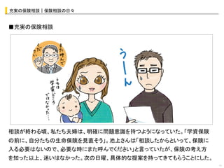 充実の保険相談｜保険相談の日々	


■充実の保険相談	
  




                    オシャレなイラストor写真	
  




相談が終わる頃、私たち夫婦は、明確に問題意識を持つようになっていた。「学資保険
の前に、自分たちの生命保険を見直そう」。池上さんは「相談したからといって、保険に
入る必要はないので、必要な時にまた呼んでください」と言っていたが、保険の考え方
を知った以上、迷いはなかった。次の日曜、具体的な提案を持ってきてもらうことにした。
                                            11	
 