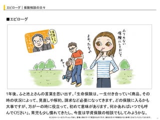 エピローグ｜保険相談の日々	


■エピローグ	
  




                        オシャレなイラストor写真	
  




1年後。ふと池上さんの言葉を思い出す。「生命保険は、一生付き合っていく商品。その
時の状況によって、見直しや解約、請求など必要になってきます。どの保険に入るかも
大事ですが、万が一の時に役立って、初めて意味があります。何かあればいつでも呼
んでください」。育児も少し慣れてきたし、今度は学資保険の相談でもしてみようかな。
                  ※このスト−リーはフィクションであり、登場人物はすべて架空のものですが、実在の方々や事実をかなり参考にさせていただいております。	
   15	
 