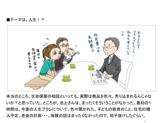 ■テーマは、人生！？




               オシャレなイラストor写真	
  




本当のところ、生命保険の相談といっても、実際は商品を色々、売り込まれるんじゃな
いか？と思っていた。ところが、池上さんは、まったくそういうことがなかった。最初の1
時間は、今後の人生プランについて、色々聞かれた。子どもの教育のこと、住宅の購
入予定、老後の計画・・・。保険の話はまったくなかったので、拍子抜けしたぐらい。
                                       8	
 