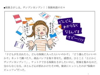 ■保険さがしは、チンプンカンプン！｜保険相談の日々




             オシャレなイラストor写真




「子どもが生まれたら、どんな保険に入ったらいいのか？」「どう選んだらいいの
か？」ネットで調べたり、商品パンフを取り寄せた。感想は、ひとこと「とにかく
チンプンカンプン！」。ナットクできる保険をさがしたいのに、情報を集めるほど、
分からなくなる。ほとんど心が折れかけたその時、検索にヒットしたのが “保険の
ビュッフェ”だった。
                                   4
 