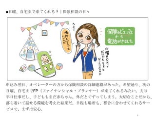 ■日曜、自宅まで来てくれる？｜保険相談の日々




             オシャレなイラストor写真




申込み翌日、オペレーターの方から保険相談の詳細連絡があった。希望通り、次の
日曜、自宅までFP（ファイナンシャル・プランナー）が来てくれるみたい。夫は
平日仕事だし、子どももまだ赤ちゃん。外だとぐずってしまう。大切なことだから、
落ち着いて話せる環境を考えた結果だ。日程も場所も、都合に合わせてくれるサー
ビスで、まずは安心。
                                  6
 