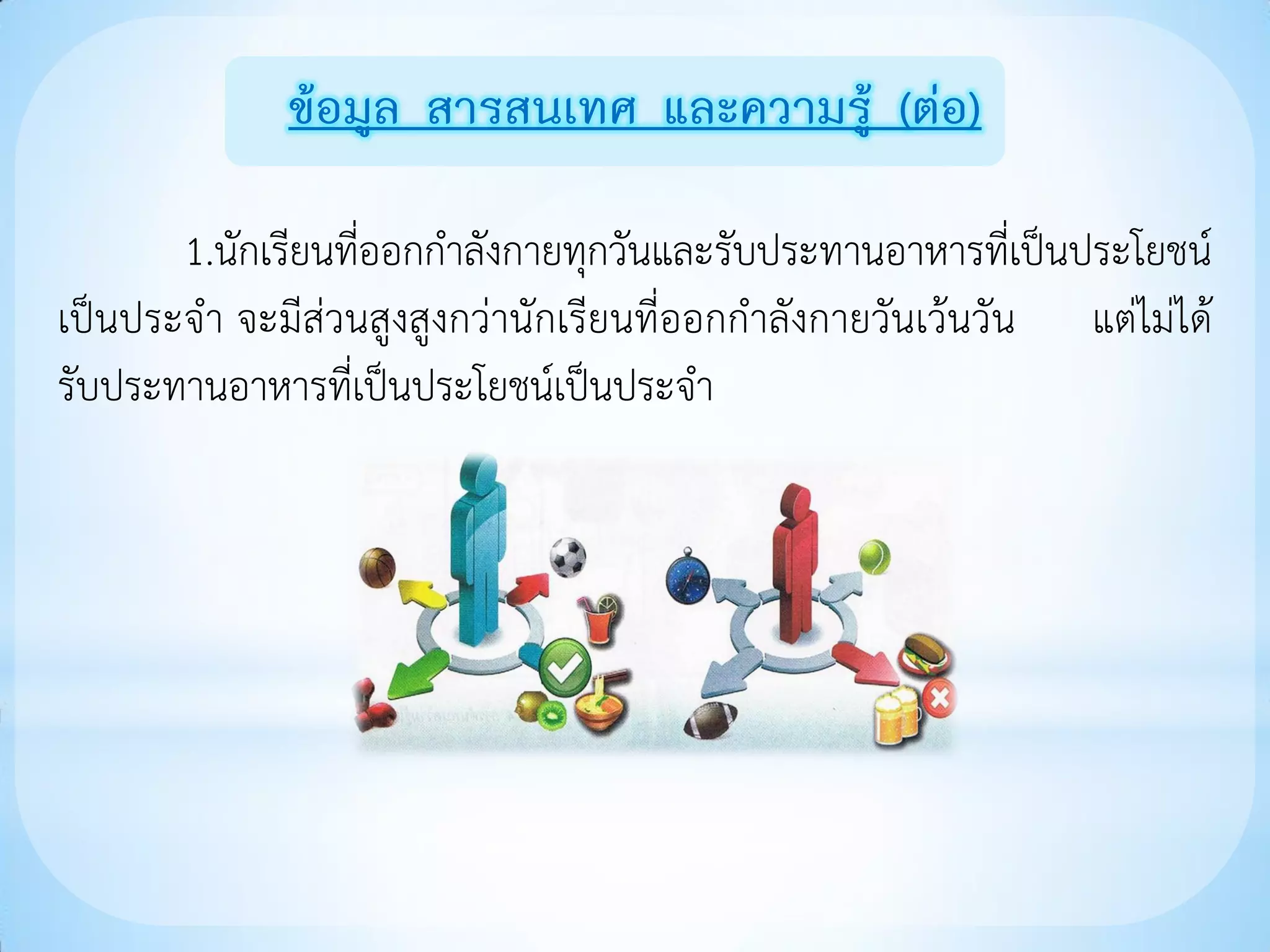 ข้อมูล สารสนเทศ และความรู้ (ต่อ)

       1.นักเรียนที่ออกกาลังกายทุกวันและรับประทานอาหารที่เป็นประโยชน์
เป็นประจา จะมีส่วนสูงสูงกว่านักเรียนที่ออกกาลังกายวันเว้นวัน แต่ไม่ได้
รับประทานอาหารที่เป็นประโยชน์เป็นประจา
 