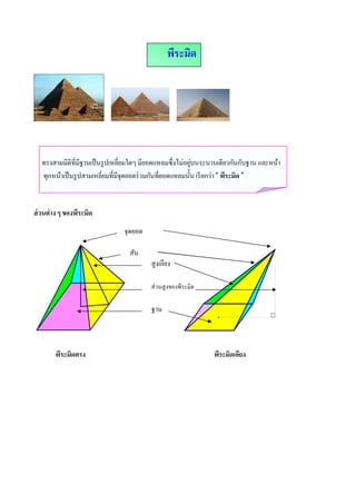 พีระมิด




  ทรงสามมิติทีมีฐานเป็ นรู ปเหลียมใดๆ มียอดแหลมซึงไม่อยูบนระนาบเดียวกันกับฐาน และหน้า
                                                        ่
  ทุกหน้าเป็ นรู ปสามเหลียมทีมีจุดยอดร่ วมกันทียอดแหลมนัน เรี ยกว่า “ พีระมิด ”


ส่ วนต่าง ๆ ของพีระมิด
                              จุดยอด

                                สัน
                                        สูงเอียง

                                        ส่ วนสู งของพีระมิด

                                        ฐาน



        พีระมิดตรง                                            พีระมิดเอียง
 