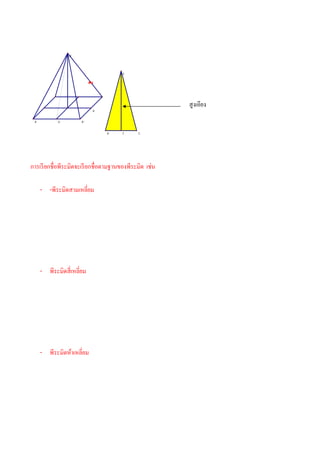 B'




                                     E


                         ส ัน




                                                      สูงเอียง
                            A


 A         G        A'



                                D    F      C




การเรี ยกชือพีระมิดจะเรี ยกชือตามฐานของพีระมิด เช่น

     - -พีระมิดสามเหลียม




     - พีระมิดสีเหลียม




     - พีระมิดห้าเหลียม
 