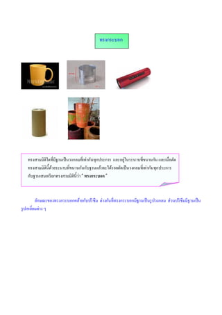 ทรงกระบอก




   ทรงสามมิติใดทีมีฐานเป็ นวงกลมทีเท่ากันทุกประการ และอยูในระนาบทีขนานกัน และเมือตัด
                                                         ่
   ทรงสามมิตินีด้วยระนาบทีขนานกันกับฐานแล้วจะได้รอยตัดเป็ นวงกลมทีเท่ากันทุกประการ
   กับฐานเสมอเรี ยกทรงสามมิตินีว่า “ ทรงกระบอก ”



         ลักษณะของทรงกระบอกคล้ายกับปริ ซึม ต่างกันทีทรงกระบอกมีฐานเป็ นรู ปวงกลม ส่วนปริ ซึมมีฐานเป็ น
รู ปเหลียมต่าง ๆ
 
