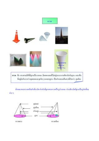 กรวย




   กรวย คือ ทรงสามมิติทีมีฐานเป็ นวงกลม มียอดแหลมทีไม่อยูบนระนาบเดียวกันกับฐาน และเส้น
                                                         ่
        ทีอยูต่อกันระหว่างจุดยอดและจุดใดๆ บนขอบฐาน เป็ นส่วนของเส้นตรงทีเรี ยกว่า สูงเอียง
             ่


         ลักษณะของกรวยคล้ายกับพีระมิด ต่างกันทีฐานของกรวยเป็ นรู ปวงกลม ส่วนพีระมิดมีฐานเป็ นรู ปเหลียม
ต่าง ๆ



                               จุดยอด
                               สูงเอียง
                               ส่วนสูง
                                 ฐาน

         กรวยตรง                                      กรวยเอียง
 