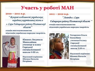Участь у роботі МАН
2010 – 2011 н.р.                         2011 – 2012 н.р.
   “ Жанрові особливості українських                “ Легенди с. Сари
      народних жартівливих пісень в      Гадяцького району Полтавської області “
с. Сари Гадяцького району Полтавської    секція мистецтвознавства
                 області “               підсекція українська народна творчість
секція мистецтвознавства
підсекція українська народна творчість
                                                            Титаренко Ольга
                                                            Олексіївна
                Кіяшко Людмила                              учениця 8 класу
                Миколаївна                                  Сарської
                учениця 9 класу                             спеціалізованої
                Сарської
                                                            школи І-ІІІ ст.
                спеціалізованої
                школи І-ІІІ ст.
                                                            Науковий керівник:
                Науковий керівник:                          Шимка Наталія
                Шимка Наталія                               Петрівна
                Петрівна
 