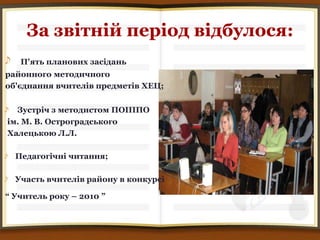 За звітній період відбулося:
   П'ять планових засідань
районного методичного
об'єднання вчителів предметів ХЕЦ;


  Зустріч з методистом ПОІППО
ім. М. В. Остроградського
Халецькою Л.Л.

  Педагогічні читання;

  Участь вчителів району в конкурсі

“ Учитель року – 2010 ”
 