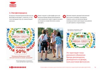 2. Этап фотопроцесса
В процессе импровизированной фотосессии                   Клиент получает от фотографа купон или                         Желание получить красивый качественный
фотограф контактирует с клиентом, и в том                 рекламный флаер бренда-рекламодателя                           фотоснимок мотивирует пользователя
числе раскрывает ему суть проекта/акции/                  с регистрационным кодом и адресом ресурса,                     сохранять купон или рекламный флаер
кампании.                                                 на котором он сможет бесплатно скачать                         минимум до момента регистрации пользователя
                                                          свои фото.                                                     на сайте проекта и получения фото.




                                                                                                                            Купон бренда -рекламодателя с кодом
                                                                                                                            идентификации и адресом ресурса




                                                                                                                         Это гарантирует показ
                                                                                                                         рекламного объявления
                                                                                                                         бренда-рекламодателя,
                                                                                                                         размещенного на флаере,
                Реламный флаер бренда -рекламодателя
                с кодом идентификации и адресом ресурса                                                                  всем участникам фотосессии.

1   2   3   4    5   6   7   8   9 10                         Все фотографии, используемые в данной презентации, являются результатом стандартной работы фотографов «Дарим Улыбки»   16
 