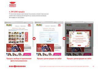 4. ON-LINE процесс
  По окончании процесса регистрации пользователь получает персональное
  приветствие от бренда-рекламодателя по случаю успешной активации
  фотографий на свой аккаунт.




Процесс выбора и присвоения                       Процесс регистрации на сайте                                        Процесс регистрации на сайте
    фото пользователем

   1   2   3   4   5   6   7   8   9 10                Все фотографии, используемые в данной презентации, являются результатом стандартной работы фотографов «Дарим Улыбки»   18
 