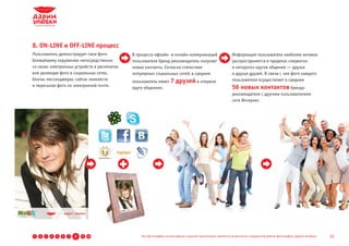 8. ON-LINE и OFF-LINE процесс
Пользователь демонстрирует свои фото          В процессе офлайн- и онлайн-коммуникаций                       Информация пользователя наиболее активно
ближайшему окружению непосредственно          пользователя бренд-рекламодатель получает                      распространяется в пределах «первого»
со своих электронных устройств и распечаток   новые контакты. Согласно статистике                            и «второго» кругов общения ­ друзья
                                                                                                                                          —
или размещая фото в социальных сетях,         популярных социальных сетей, в среднем                         и друзья друзей. В связи с чем фото каждого
блогах, мессенджерах, сайтах знакомств        пользователь имеет 7      друзей в «первом                     пользователя осуществляет в среднем
и пересылая фото по электронной почте.        круге общения».                                                56 новых контактов бренда-
                                                                                                             рекламодателя с другими пользователями
                                                                                                             сети Интернет.




1   2   3   4   5   6   7   8   9 10              Все фотографии, используемые в данной презентации, являются результатом стандартной работы фотографов «Дарим Улыбки»   22
 