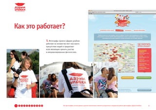 Как это работает?
                                          1. Фотографы проекта «Дарим улыбки»
                                          работают во множестве мест массового
                                          присутствия людей и предлагают
                                          всем желающим принять участие
                                          в импровизированных фотосессиях.




1   2   3   4   5   6   7   8   9 10 11                     Все фотографии, используемые в данной презентации, являются результатом стандартной работы фотографов «Дарим Улыбки»   4
 