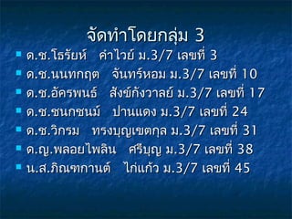 จัดทำาโดยกลุ่ม 3
   ด.ช.โธรัยห์ คำาไวย์ ม.3/7 เลขที่ 3
   ด.ช.นนทกฤต จันทร์หอม ม.3/7 เลขที่ 10
   ด.ช.อัครพนธ์ สังข์กังวาลย์ ม.3/7 เลขที่ 17
   ด.ช.ชนกชนม์ ปานแดง ม.3/7 เลขที่ 24
   ด.ช.วิกรม ทรงบุญเขตกุล ม.3/7 เลขที่ 31
   ด.ญ.พลอยไพลิน ศรีบญ ม.3/7 เลขที่ 38
                          ุ
   น.ส.ภิณฑกานต์ ไก่แก้ว ม.3/7 เลขที่ 45
 