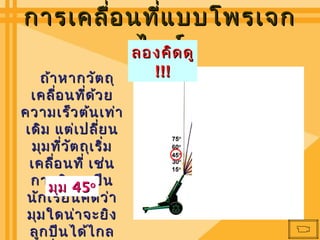 การเคลื่อ นที่แ บบโพรเจก
           ไทล์
          ลองคิด ดู
    ถ้า หากวัต ถุ        !!!
  เคลื่อ นที่ด ้ว ย
ความเร็ว ต้น เท่า
 เดิม แต่เ ปลี่ย น
  มุม ที่ว ัต ถุเ ริ่ม
  เคลื่อ นที่ เช่น
  การยิง45oปืน
      มุม ลูก
 นัก เรีย นคิด ว่า
 มุม ใดน่า จะยิง
  ลูก ปืน ได้ไ กล
 