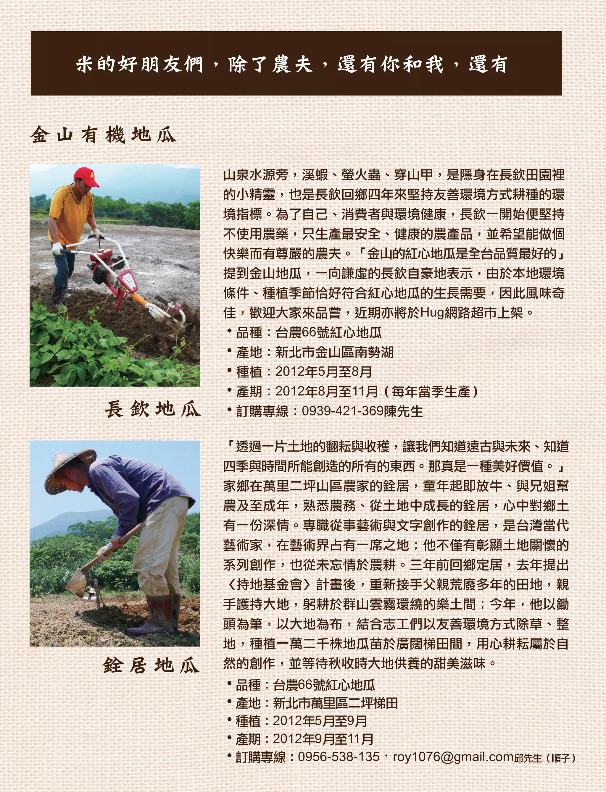 米的好朋友們，除了農夫，還有你和我，還有


金山有機 地 瓜
           山泉水源旁，溪蝦、螢火蟲、穿山甲，是隱身在長欽田園裡
           的小精靈，也是長欽回鄉四年來堅持友善環境方式耕種的環
           境指標。為了自己、消費者與環境健康，長欽一開始便堅持
           不使用農藥，只生產最安全、健康的農產品，並希望能做個
           快樂而有尊嚴的農夫。「金山的紅心地瓜是全台品質最好的」
           提到金山地瓜，一向謙虛的長欽自豪地表示，由於本地環境
           條件、種植季節恰好符合紅心地瓜的生長需要，因此風味奇
           佳，歡迎大家來品嘗，近期亦將於Hug網路超市上架。
           ˙品種：台農66號紅心地瓜
           ˙產地：新北市金山區南勢湖
           ˙種植：2012年5月至8月
           ˙產期：2012年8月至11月（每年當季生產）
   長欽地瓜    ˙訂購專線：0939-421-369陳先生

           「透過一片土地的翻耘與收穫，讓我們知道遠古與未來、知道
           四季與時間所能創造的所有的東西。那真是一種美好價值。」
           家鄉在萬里二坪山區農家的銓居，童年起即放牛、與兄姐幫
           農及至成年，熟悉農務、從土地中成長的銓居，心中對鄉土
           有一份深情。專職從事藝術與文字創作的銓居，是台灣當代
           藝術家，在藝術界占有一席之地；他不僅有彰顯土地關懷的
           系列創作，也從未忘情於農耕。三年前回鄉定居，去年提出
           〈持地基金會〉計畫後，重新接手父親荒廢多年的田地，親
           手護持大地，躬耕於群山雲霧環繞的樂土間；今年，他以鋤
           頭為筆，以大地為布，結合志工們以友善環境方式除草、整
           地，種植一萬二千株地瓜苗於廣闊梯田間，用心耕耘屬於自
   銓居地瓜    然的創作，並等待秋收時大地供養的甜美滋味。
           ˙品種：台農66號紅心地瓜
           ˙產地：新北市萬里區二坪梯田
           ˙種植：2012年5月至9月
           ˙產期：2012年9月至11月
           ˙訂購專線：0956-538-135，roy1076@gmail.com邱先生（順子）
 