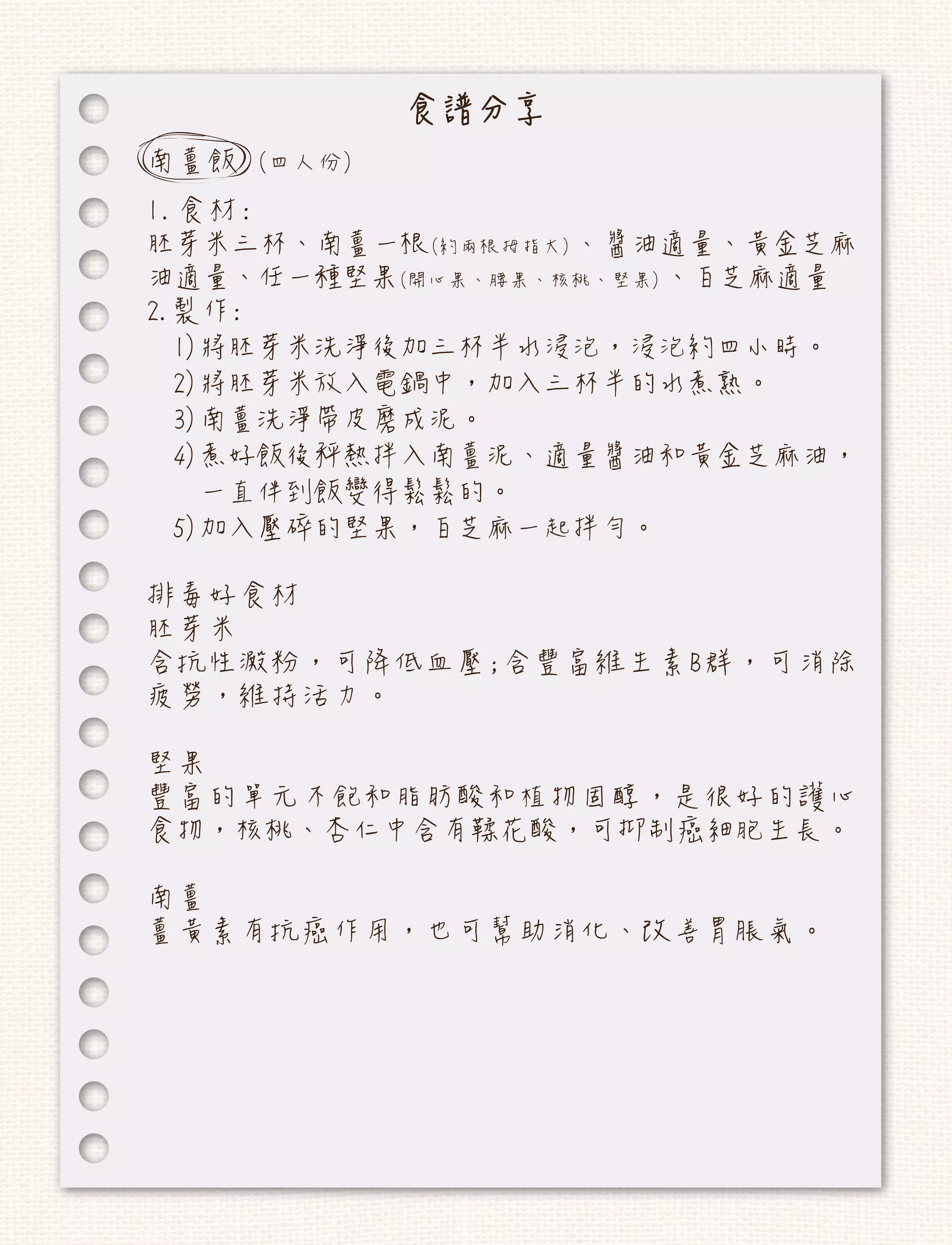 食譜分享
南薑飯 (四人份)
1.食材:
胚芽米三杯、南薑一根(約兩根拇指大)、醬油適量、黃金芝麻
油適量、任一種堅果(開心果、腰果、核桃、堅果)、白芝麻適量
2.製作:
  1)將胚芽米洗淨後加三杯半水浸泡，浸泡約四小時。
  2)將胚芽米放入電鍋中，加入三杯半的水煮熟。
  3)南薑洗淨帶皮磨成泥。
  4)煮好飯後秤熱拌入南薑泥、適量醬油和黃金芝麻油，
    一直伴到飯變得鬆鬆的。
  5)加入壓碎的堅果，白芝麻一起拌勻。

排毒好食材
胚芽米
含抗性澱粉，可降低血壓;含豐富維生素B群，可消除
疲勞，維持活力。

堅果
豐富的單元不飽和脂肪酸和植物固醇，是很好的護心
食物，核桃、杏仁中含有鞣花酸，可抑制癌細胞生長。

南薑
薑黃素有抗癌作用，也可幫助消化、改善胃脹氣。
 