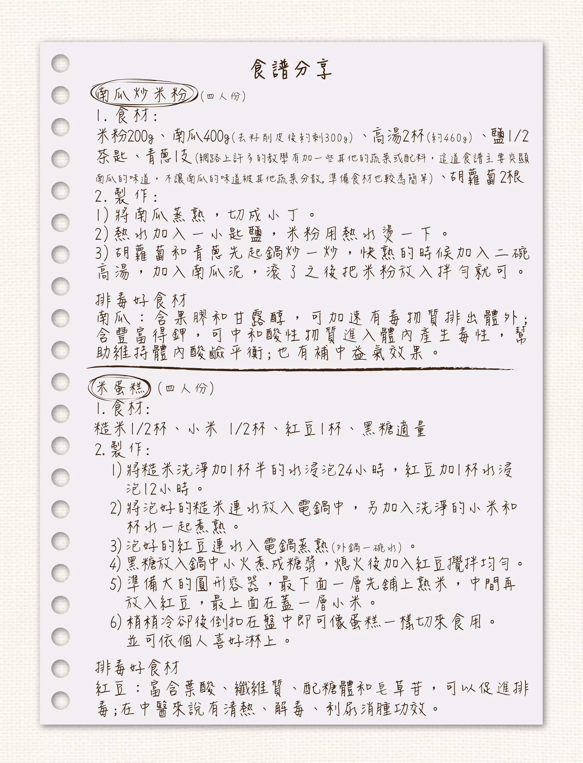 食譜分享
南瓜炒米粉 (四人份)
1.食材:
米粉200g、南瓜400g(去籽削皮後約剩300g)、高湯2杯(約460g)、鹽1/2
茶匙、 青蔥1支(網路上許多的教學有加一些其他的蔬菜或配料，這道食譜主要突顯
南瓜的味道，不讓南瓜的味道被其他蔬菜分散,準備食材也較為簡單)、  胡蘿蔔2根
2.製作:
1)將南瓜蒸熟，切成小丁。
2)熱水加入一小匙鹽，米粉用熱水燙一下。
3)胡蘿蔔和青蔥先起鍋炒一炒，快熟的時候加入二碗
高湯，加入南瓜泥，滾了之後把米粉放入拌勻就可。
排毒好食材
南瓜：含果膠和甘露醇，可加速有毒物質排出體外;
含豐富得鉀，可中和酸性物質進入體內產生毒性，幫
助維持體內酸鹼平衡;也有補中益氣效果。
米蛋糕 (四人份)
1.食材:
糙米1/2杯、小米 1/2杯、紅豆1杯、黑糖適量
2.製作:
  1)將糙米洗淨加1杯半的水浸泡24小時，紅豆加1杯水浸
    泡12小時。
  2)將泡好的糙米連水放入電鍋中，另加入洗淨的小米和
    杯水一起煮熟。
  3)泡好的紅豆連水入電鍋蒸熟(外鍋一碗水)。
  4)黑糖放入鍋中小火煮成糖漿，熄火後加入紅豆攪拌均勻。
  5)準備大的圓形容器，最下面一層先舖上熟米，中間再
    放入紅豆，最上面在蓋一層小米。
  6)稍稍冷卻後倒扣在盤中即可像蛋糕一樣切來食用。
    並可依個人喜好淋上。
排毒好食材
紅豆：富含葉酸、纖維質、配糖體和皂草苷，可以促進排
毒;在中醫來說有清熱、解毒、利尿消腫功效。
 