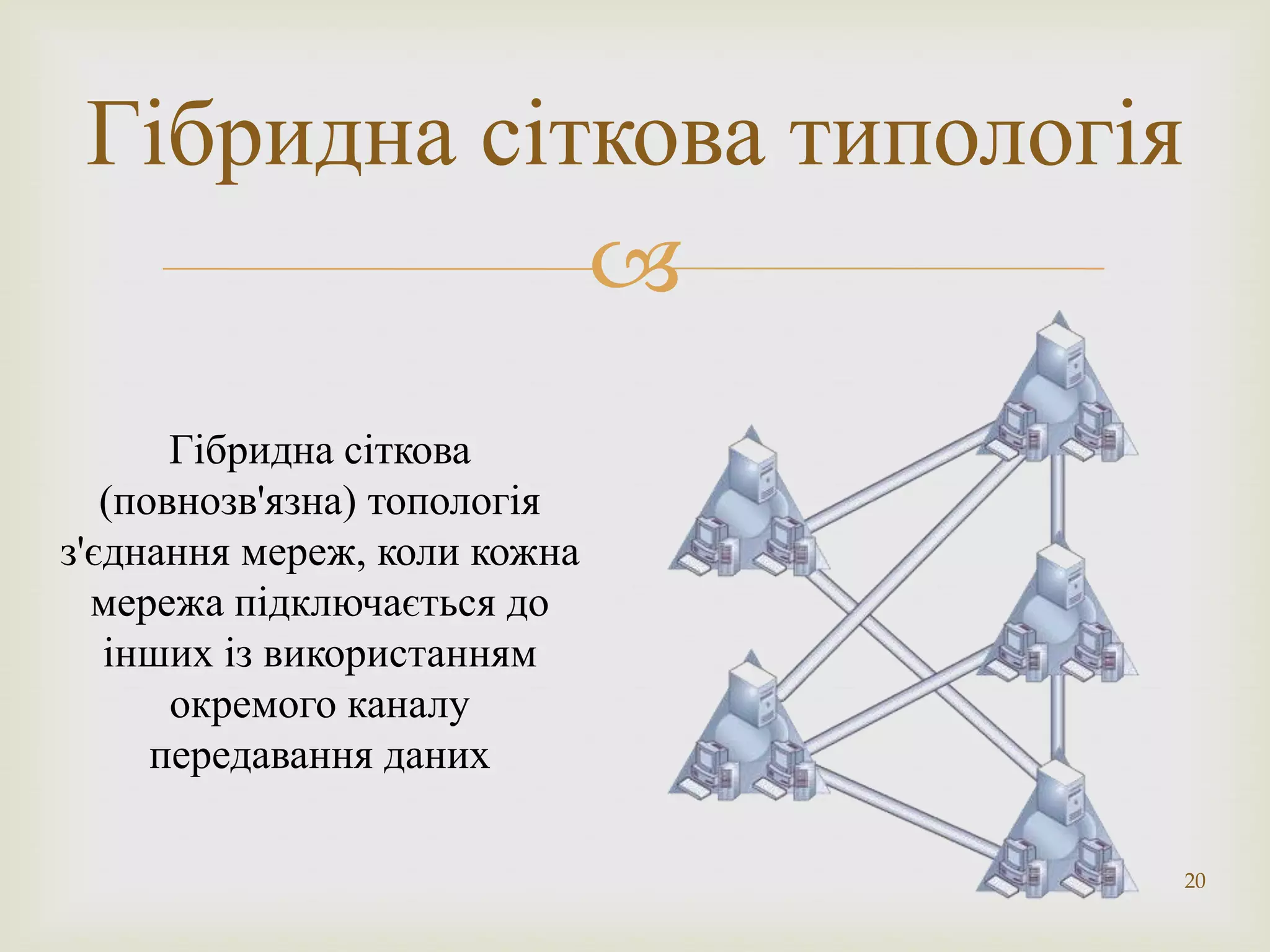 Гібридна сіткова типологія
             
       Гібридна сіткова
   (повнозв'язна) топологія
з'єднання мереж, коли кожна
  мережа підключається до
   інших із використанням
       окремого каналу
      передавання даних

                              20
 