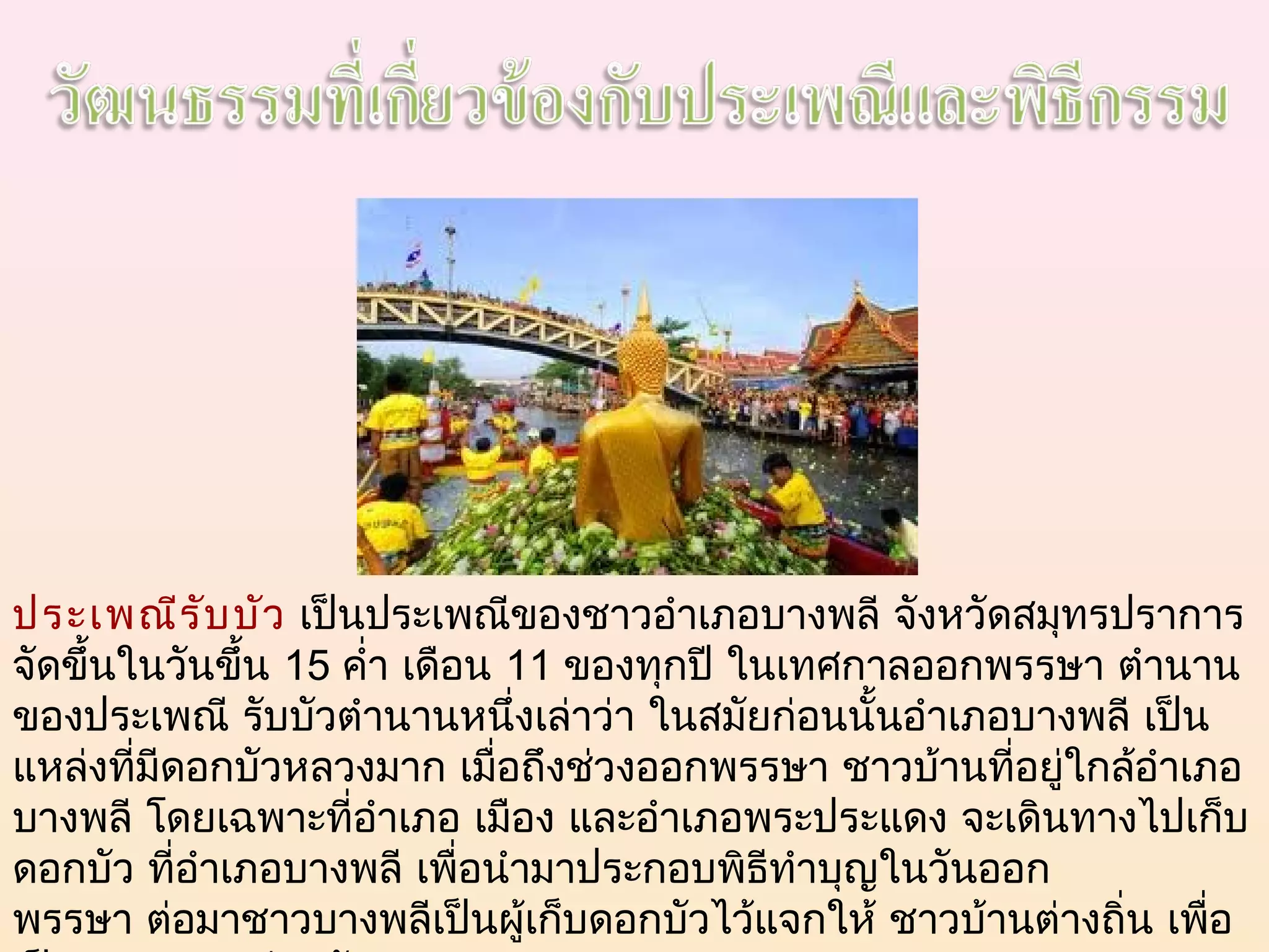 ประเพณีร ับ บัว  เป็นประเพณีของชาวอำาเภอบางพลี จังหวัดสมุทรปราการ
จัดขึ้นในวันขึ้น 15 คำ่า เดือน 11 ของทุกปี ในเทศกาลออกพรรษา ตำานาน
ของประเพณี รับบัวตำานานหนึ่งเล่าว่า ในสมัยก่อนนั้นอำาเภอบางพลี เป็น
แหล่งทีมีดอกบัวหลวงมาก เมื่อถึงช่วงออกพรรษา ชาวบ้านที่อยู่ใกล้อำาเภอ
        ่
บางพลี โดยเฉพาะที่อำาเภอ เมือง และอำาเภอพระประแดง จะเดินทางไปเก็บ
ดอกบัว ที่อำาเภอบางพลี เพื่อนำามาประกอบพิธีทำาบุญในวันออก
พรรษา ต่อมาชาวบางพลีเป็นผู้เก็บดอกบัวไว้แจกให้ ชาวบ้านต่างถิ่น เพือ่
 